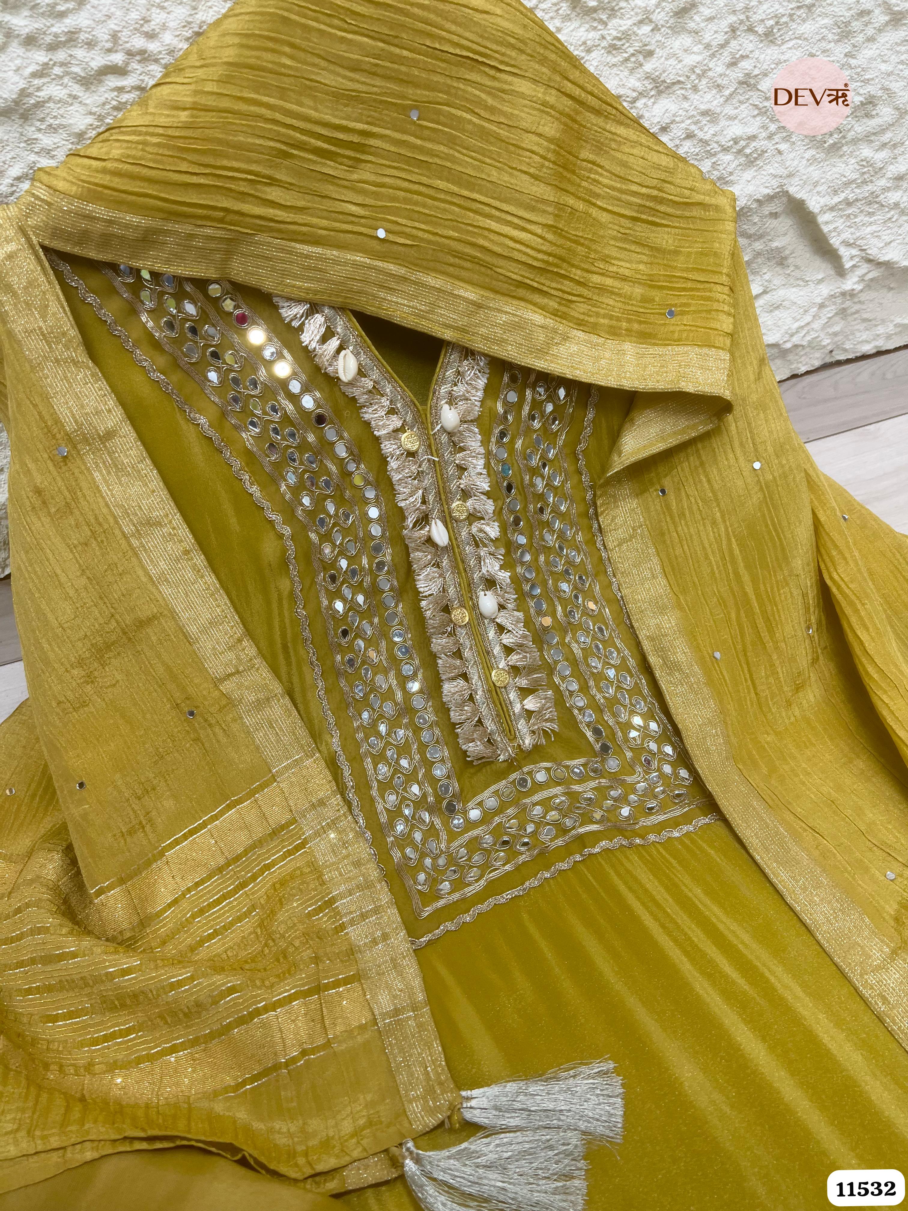 Yellow Pure Tissue Silk Unstitched Hand Embroidered -Set Of 3 {11532}