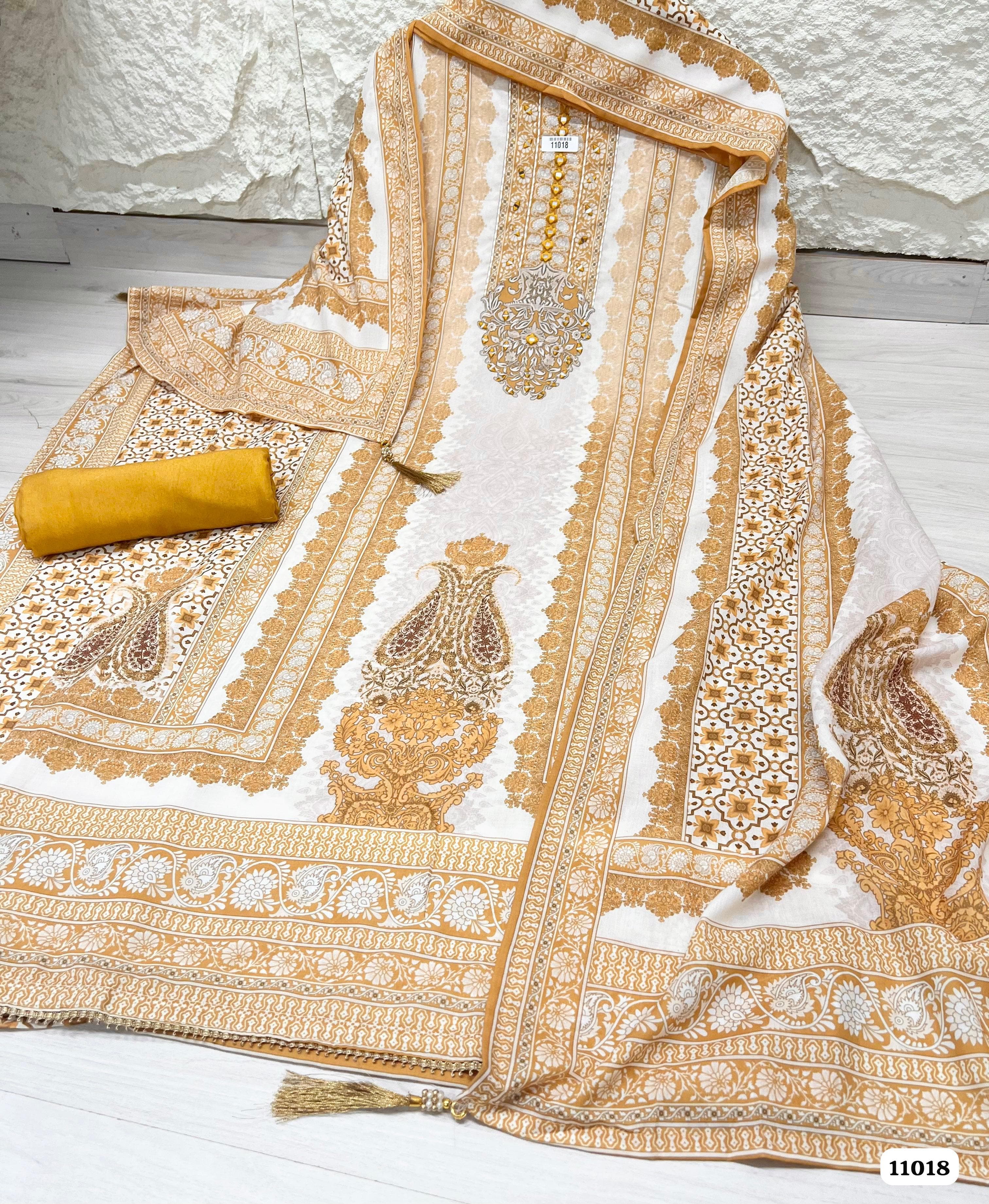 Yellow  Cotton Unstitched Printed Hand Embidered -Set Of 3 {11018}