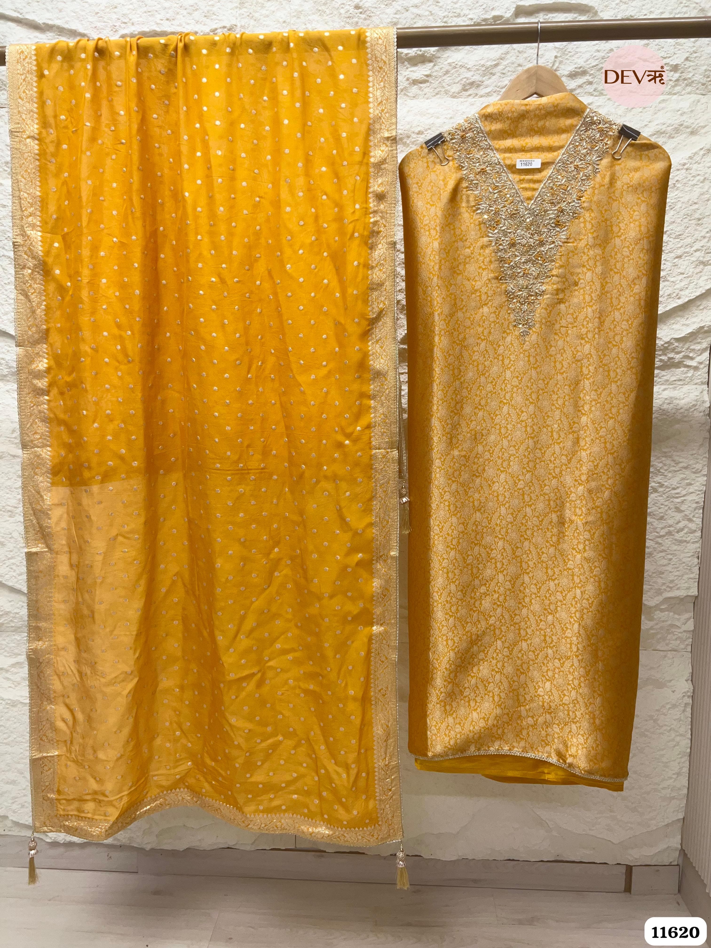 Yellow Pure Tissue Banarasi Silk Unstitched Hand Embroidered -Set Of 3 {11620}