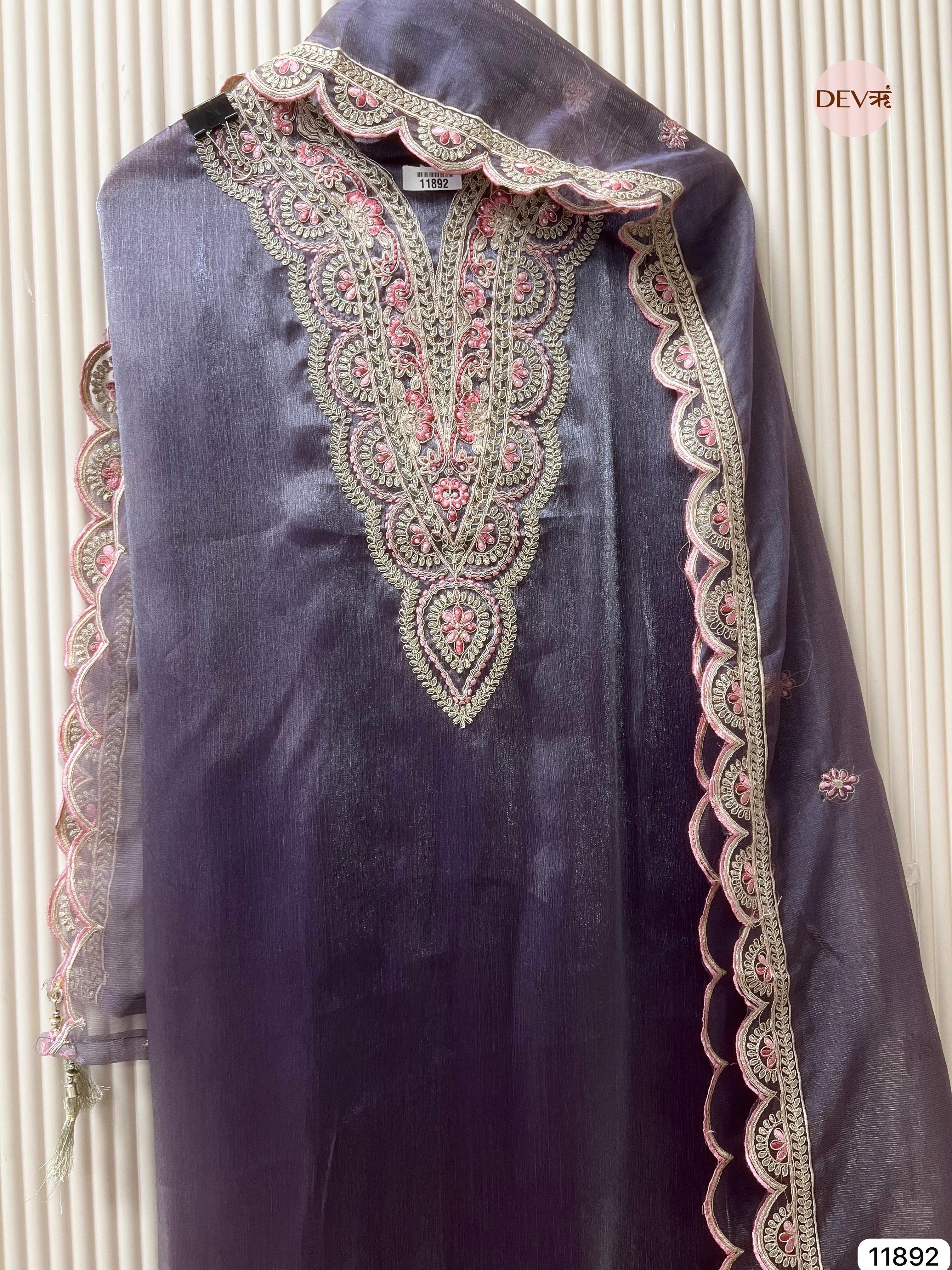 Purple Tissue Shimmer Silk Unstitched Printed Embroidered -Set Of 3 - {11892}