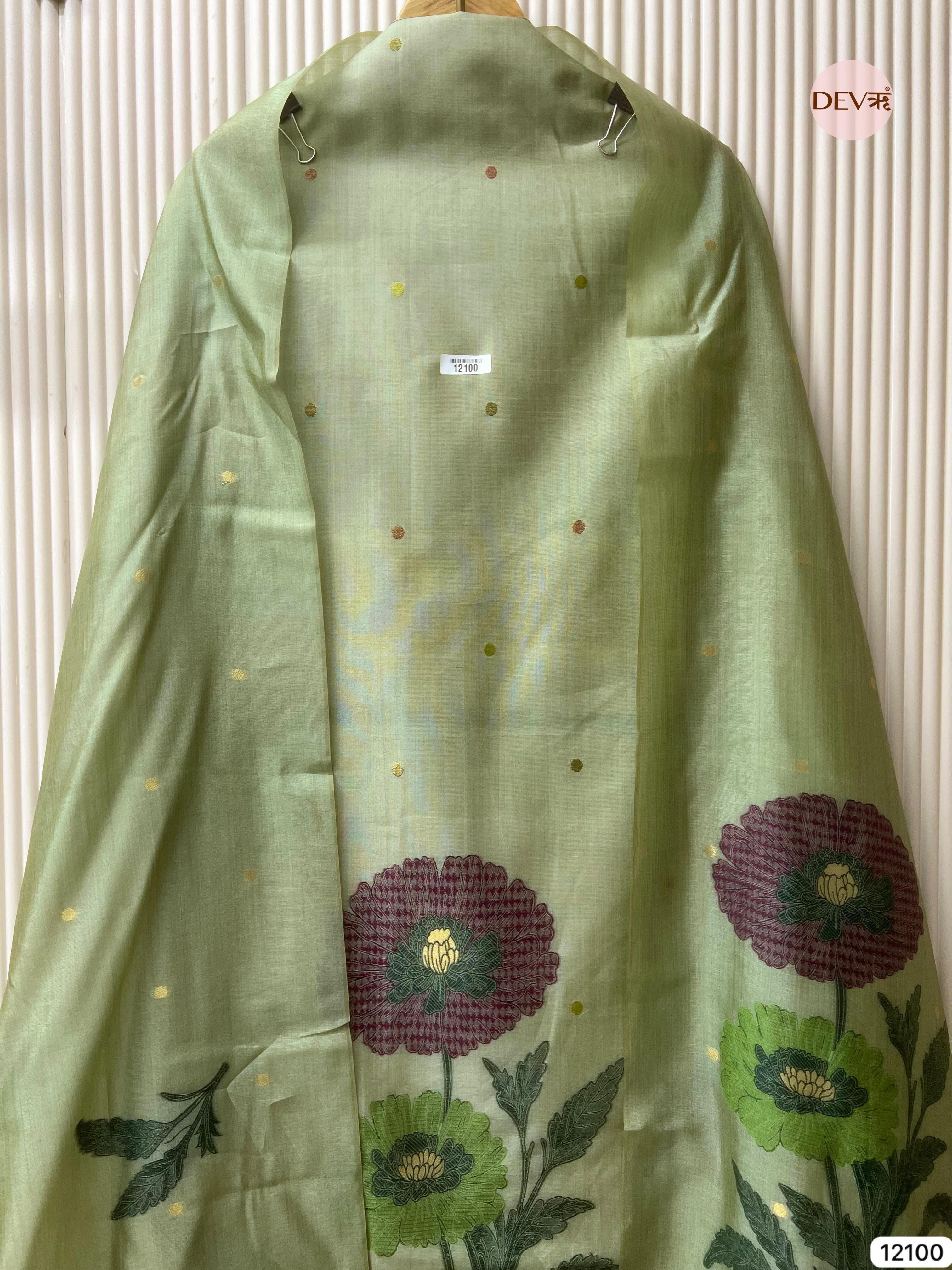 Green Banarasi Khadi Silk Unstitched -Set Of 3 - {12100}