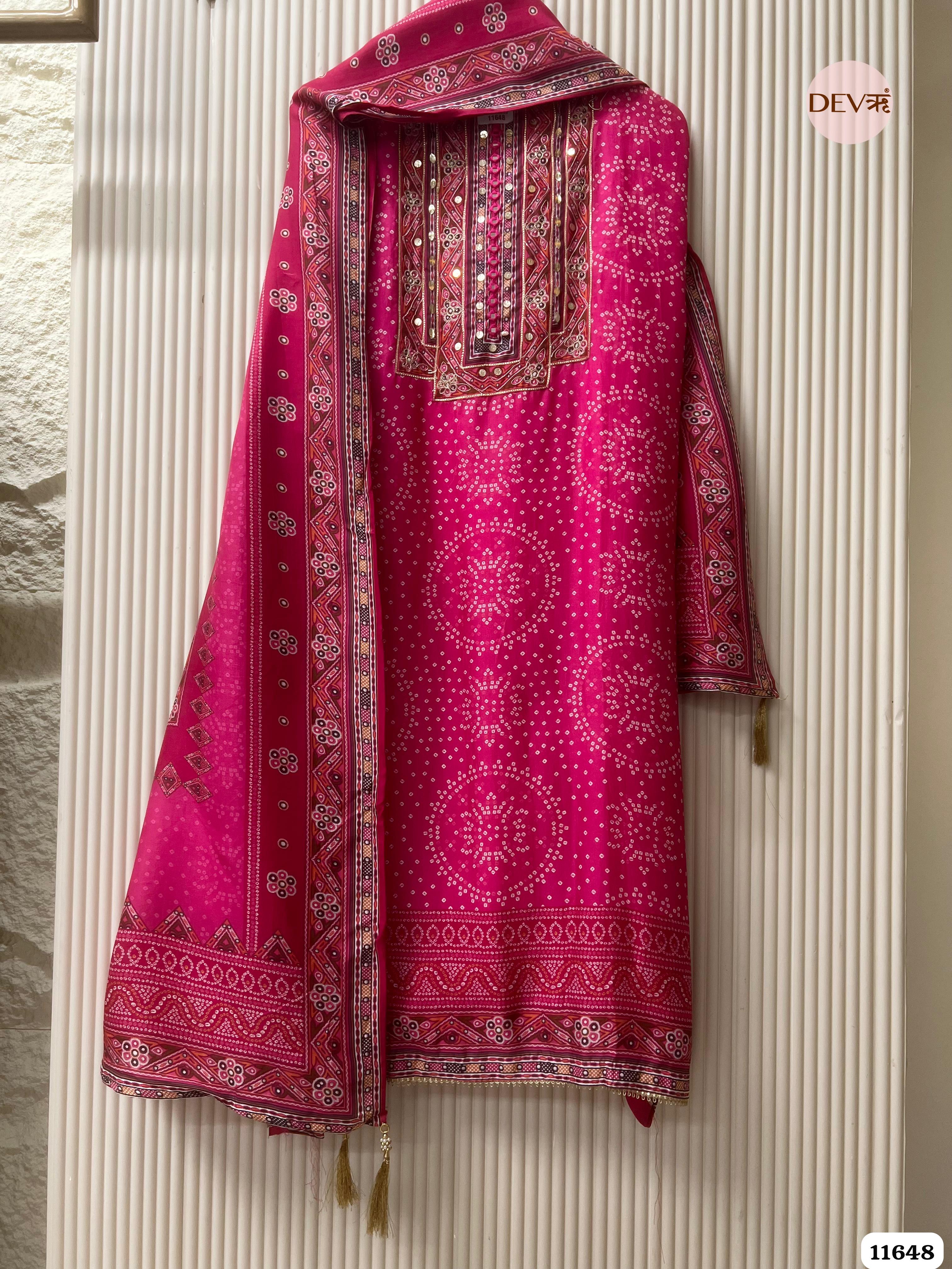 Pink Russian Silk Printed Unstitched Hand Embroidered -Set Of 3 {11648}