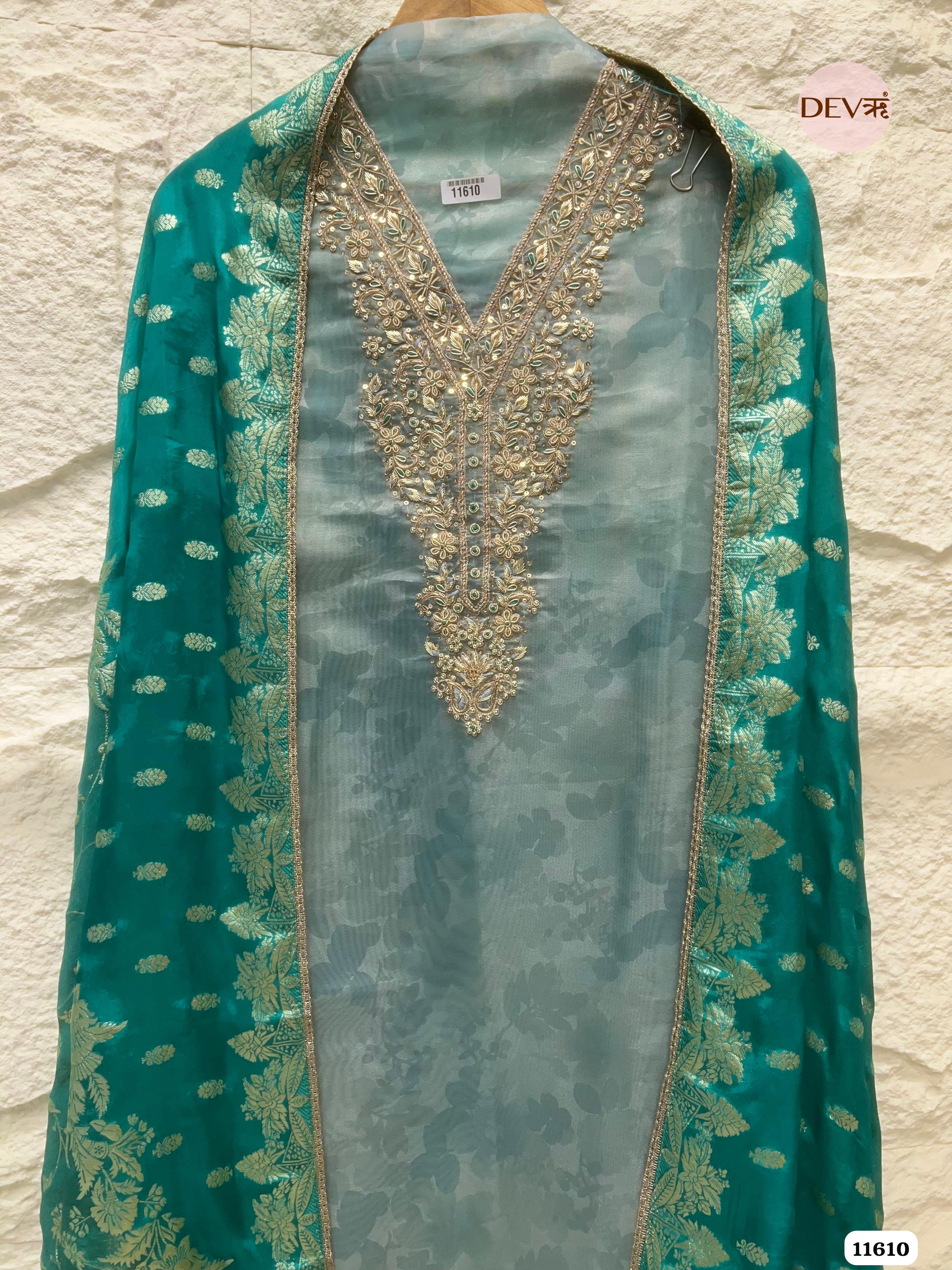 Green Silk Pure Tissue Organza Printed Unstitched Hand Embroidered -Set Of 3 {11610}