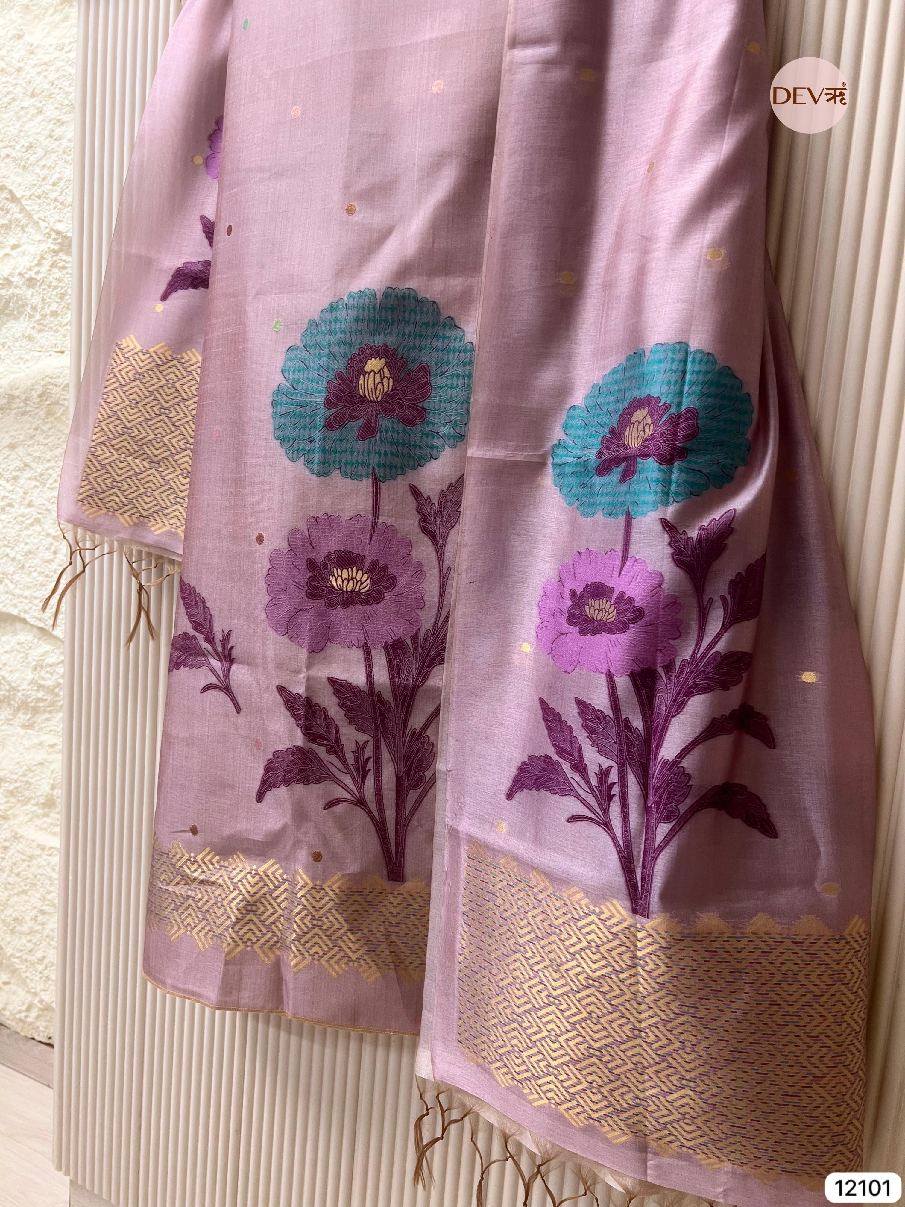 Pink Banarasi Khadi Silk Unstitched -Set Of 3 - {12101}