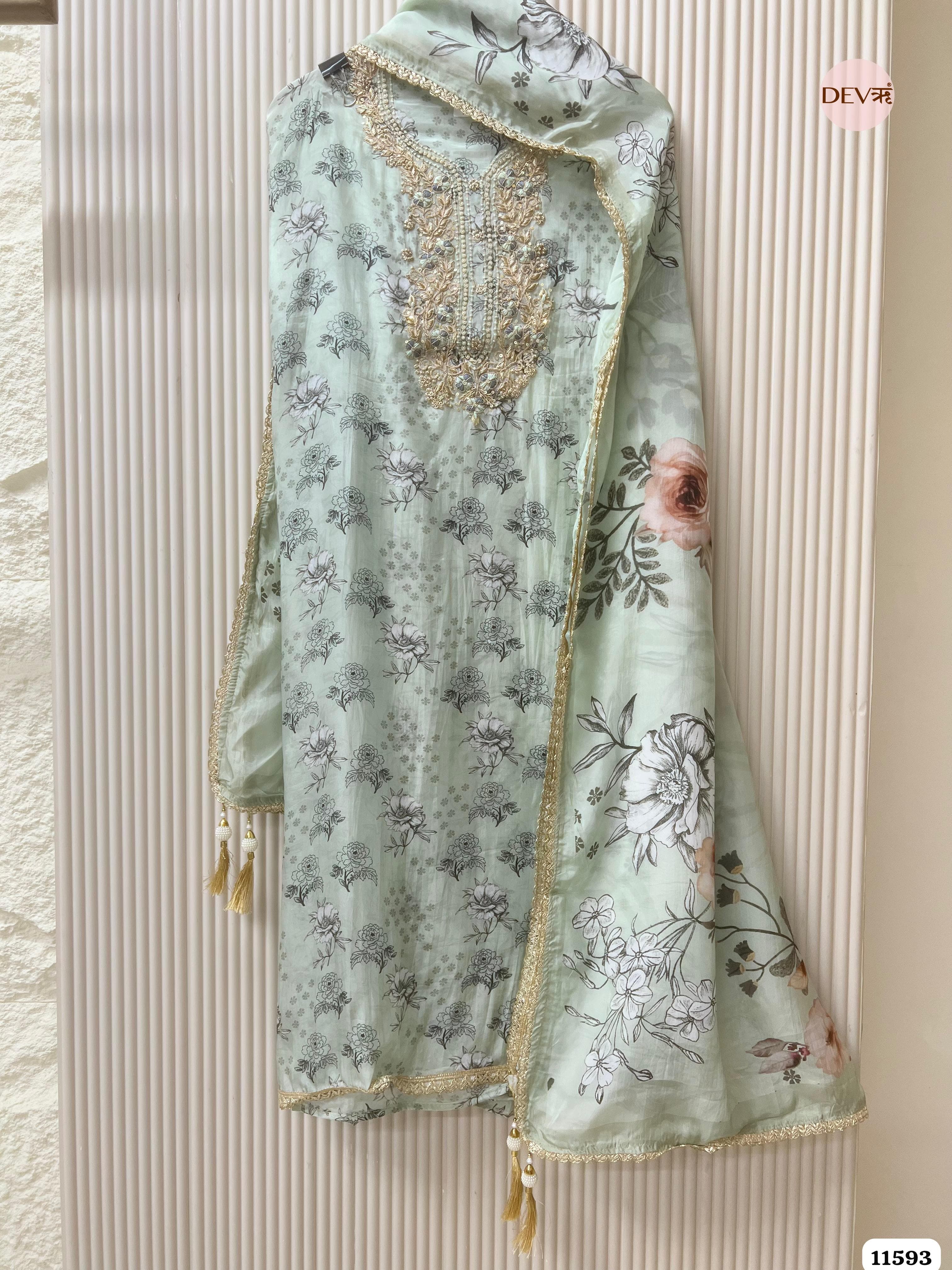 Mint Green Pure Organza Silk Unstitched Printed Hand Embroidered -Set Of 3 {11593}
