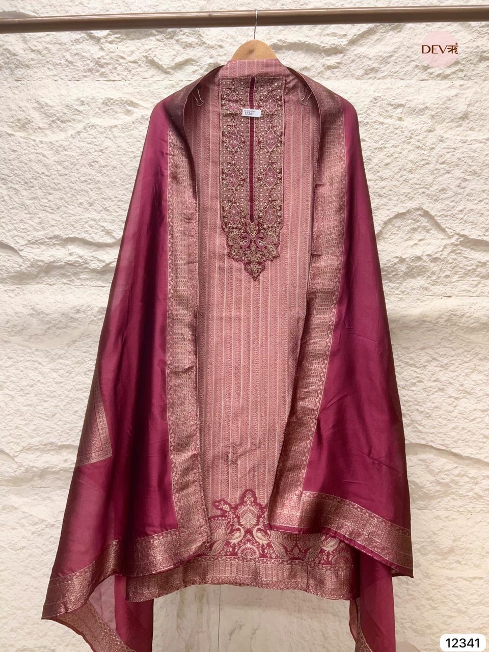 Wine Maroon Pure Banarasi Silk Woven Unstitched 3-Piece Suit (Devri – D.No 12341)