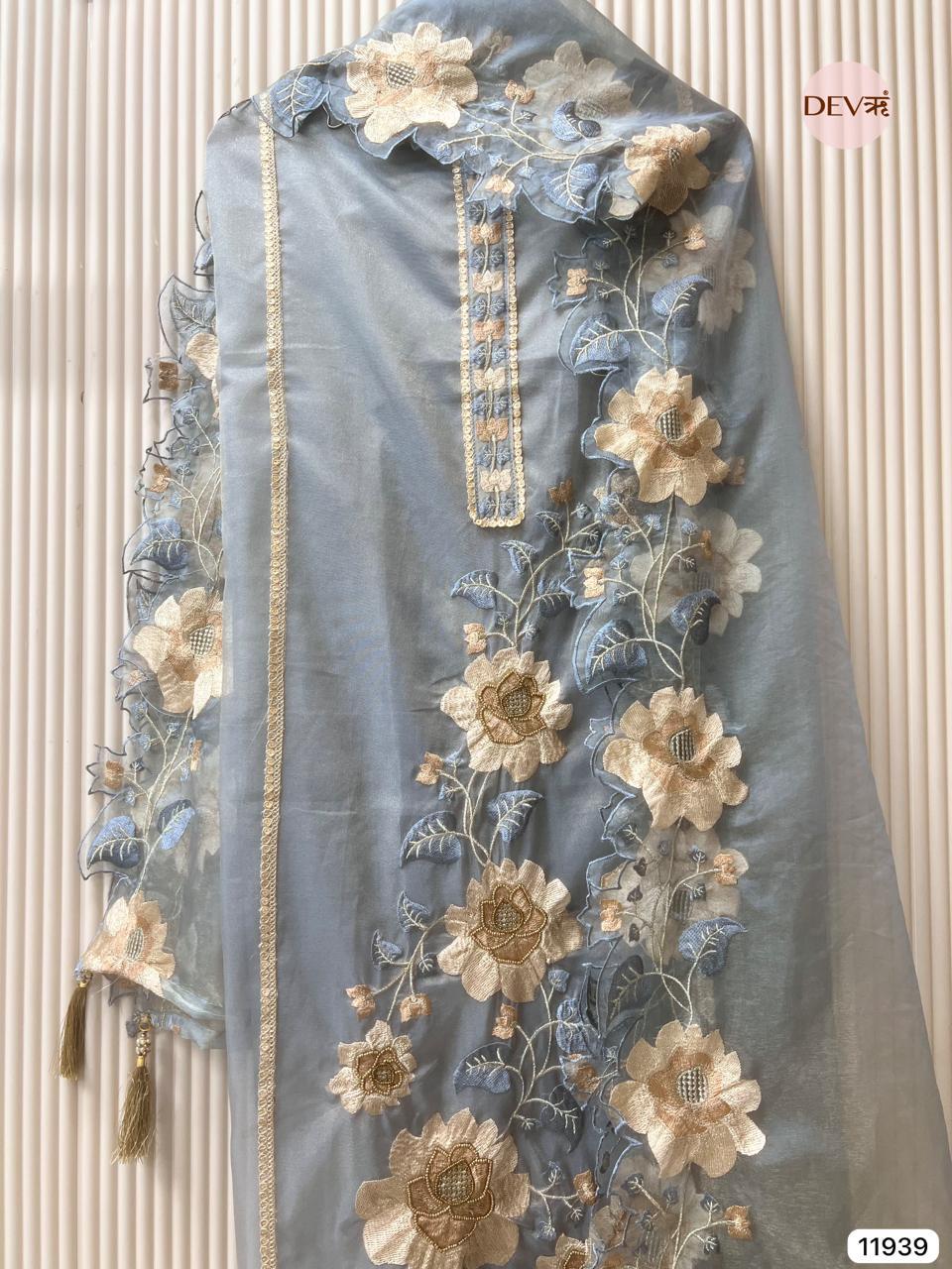Blue Tissue Shimmer Embroidered Unstitched 3-Piece Suit (Devri – D.No 11939)