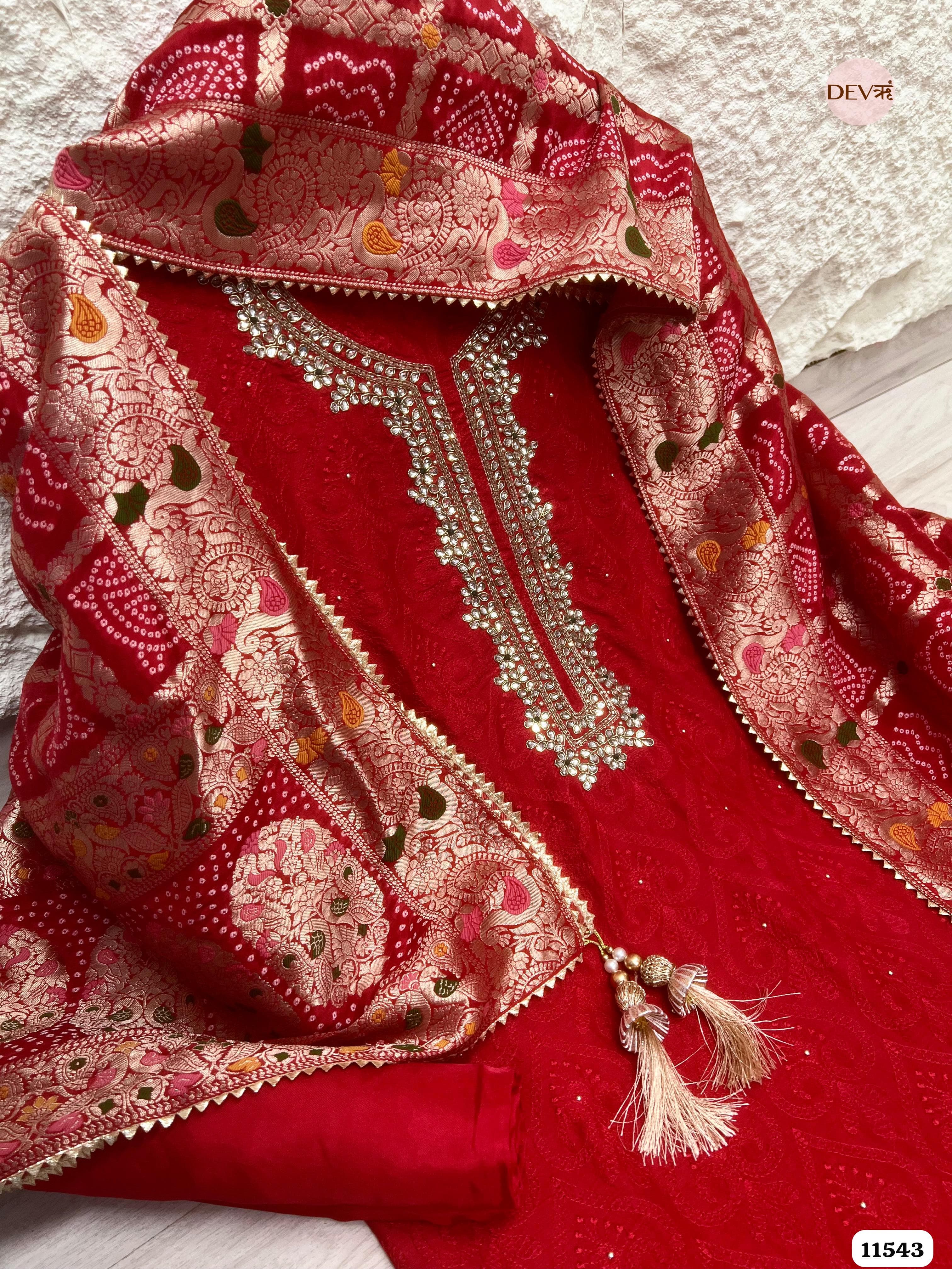 Red Pure Russian Silk Unstitched Hand Embroidered -Set Of 3 {11543}