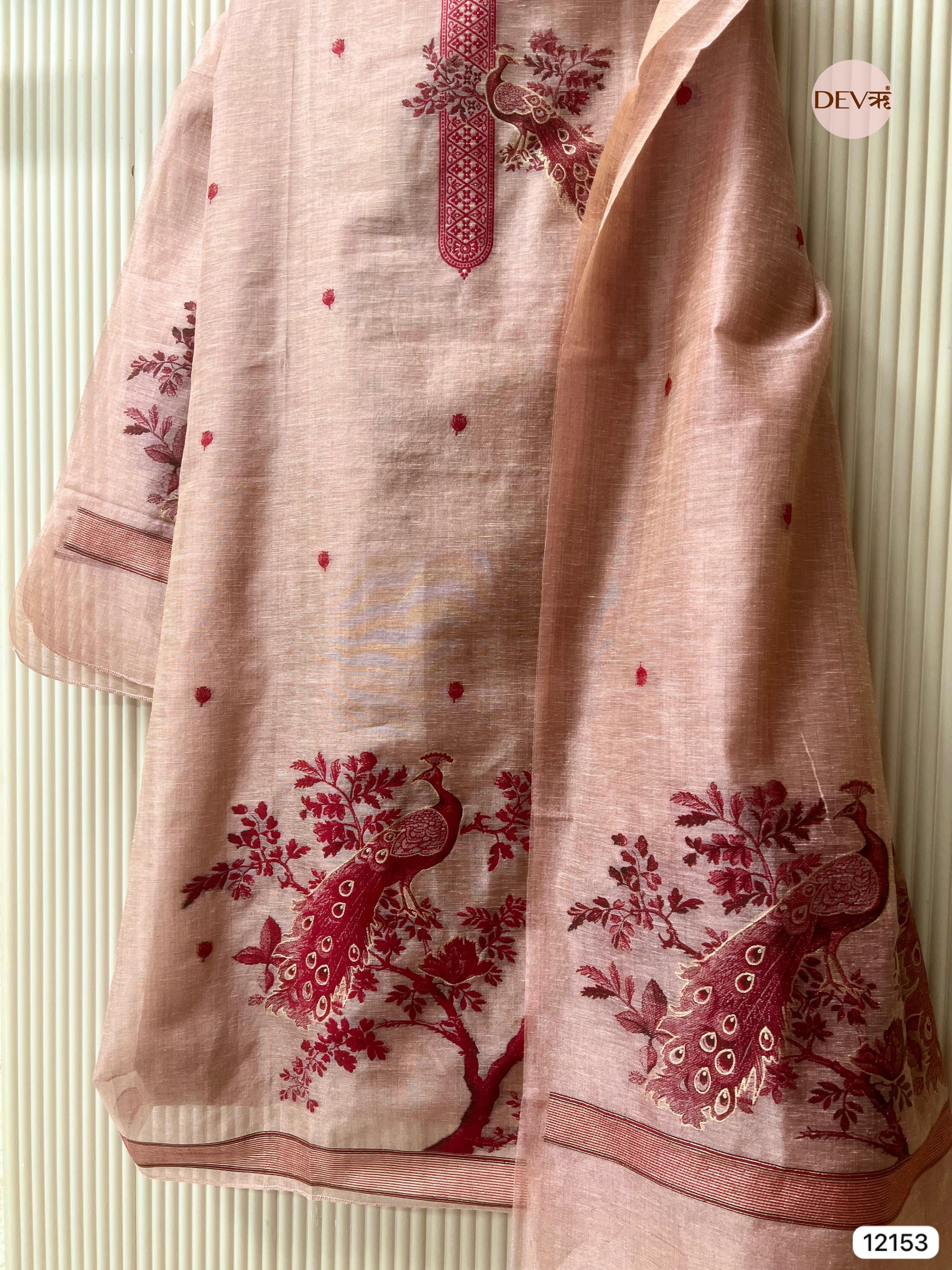 {12153} Peach Pure Jamdani Linen Unstitched - Set Of 3