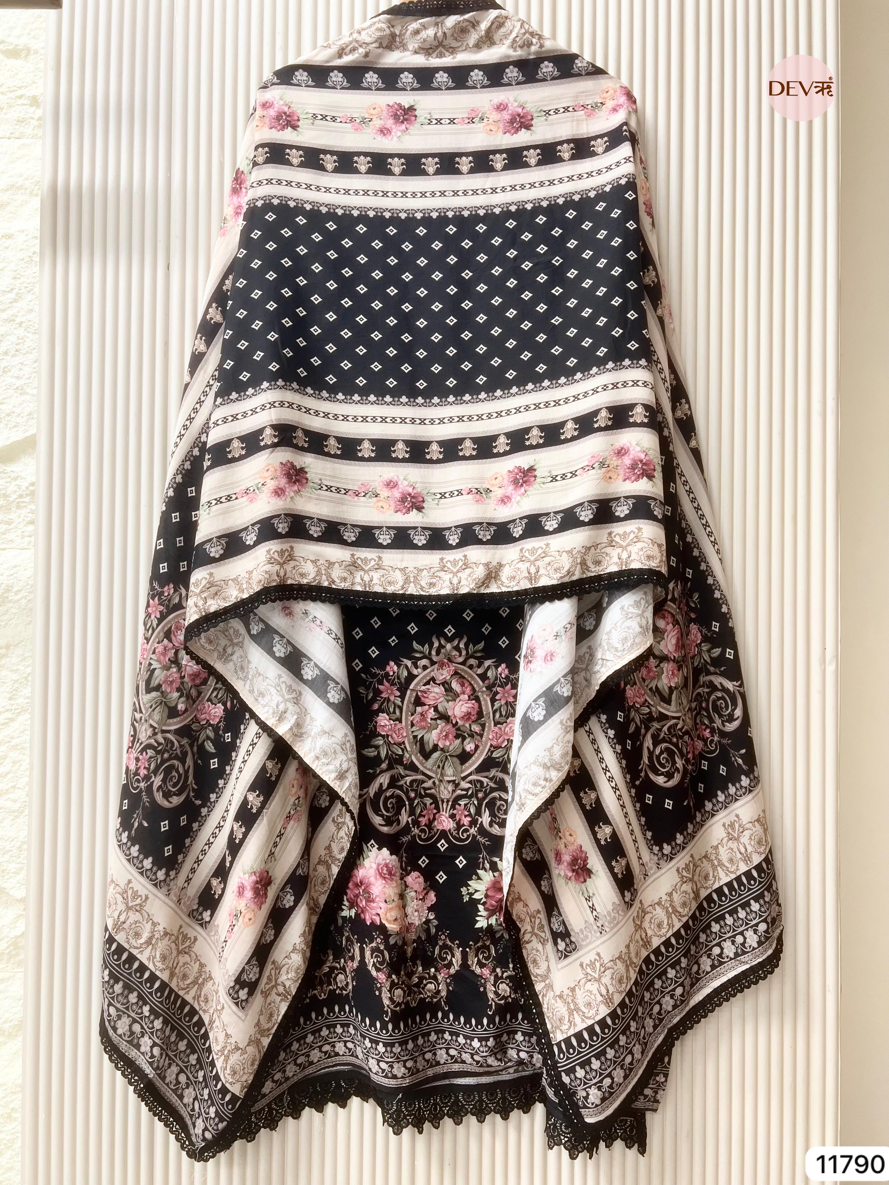 Black Pure Muslin Semi Stitched Pakistani Printed Hand Embroidered -Set Of 3 - {11790}