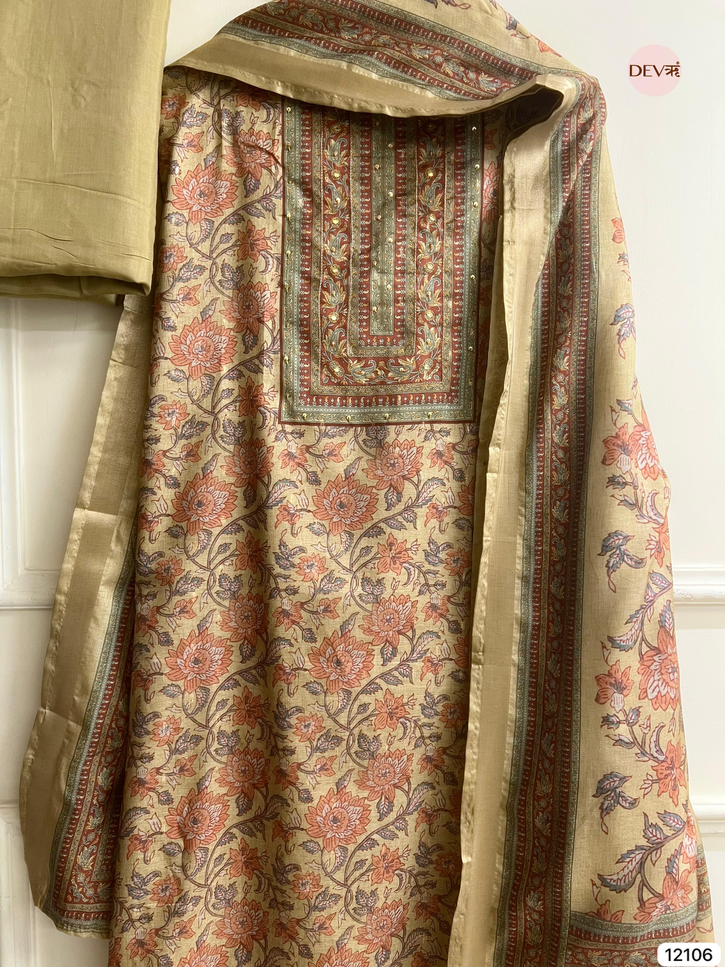 Multi Colour Tisser Khadi Silk Printed Unstitched Hand Embroidered -Set Of 3 - {12106}