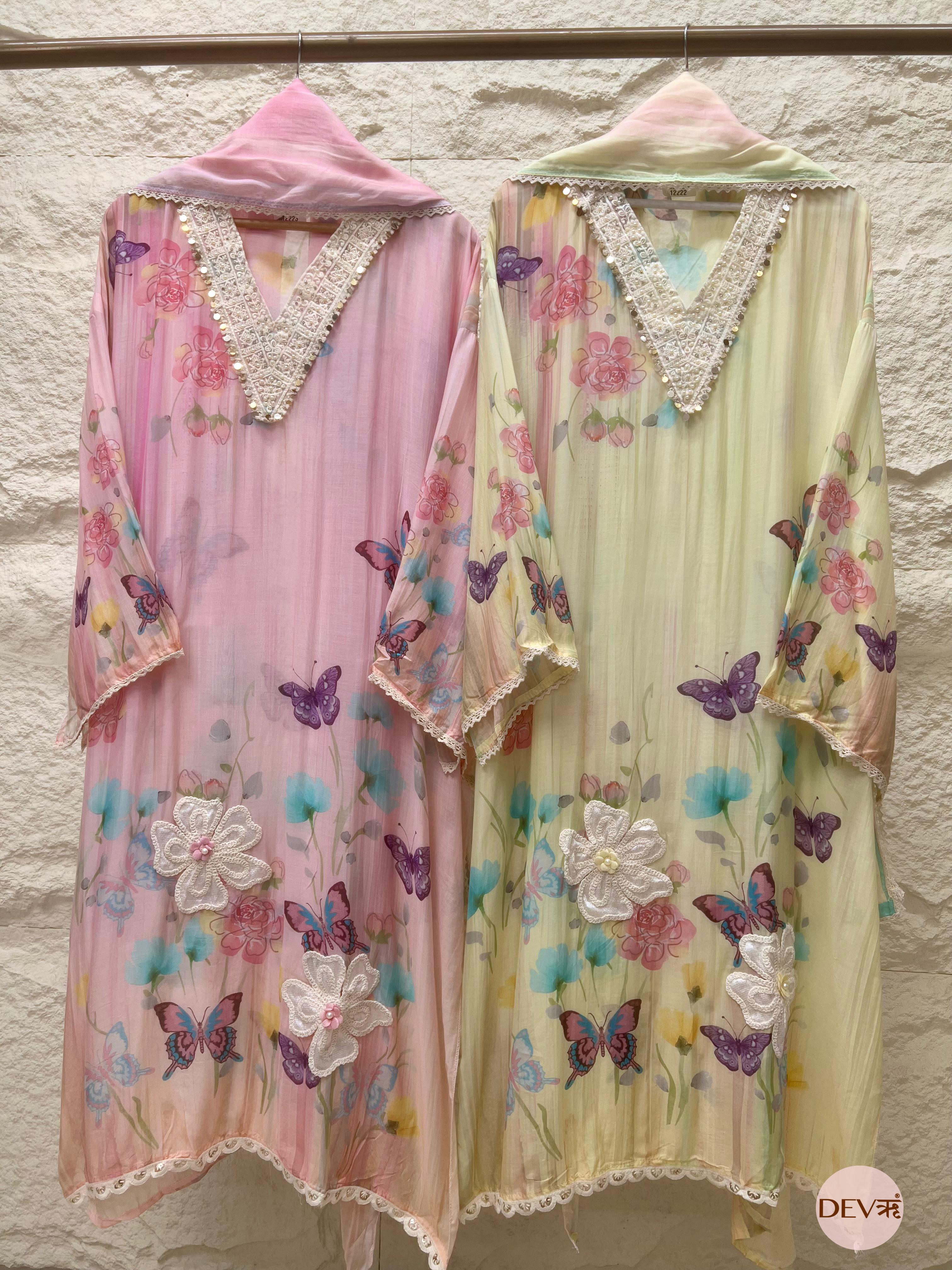 Soft Pink Mul Chanderi Butterfly Printed Unstitched 3-Piece Suit (Devri – D.No 12223)