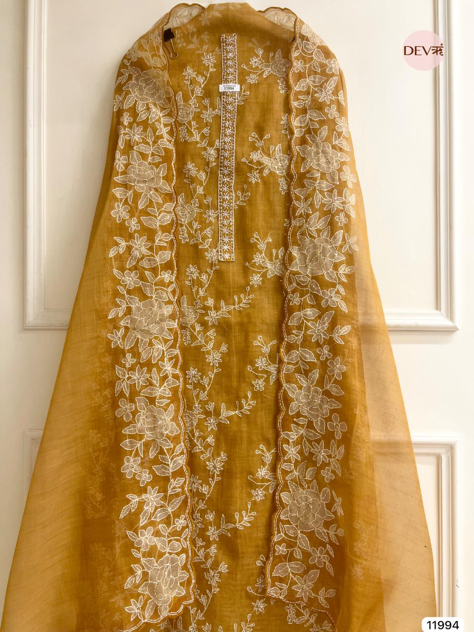 Yellow Pure Mul Linen Unstitched Embroidered -Set Of 3 - {11994}