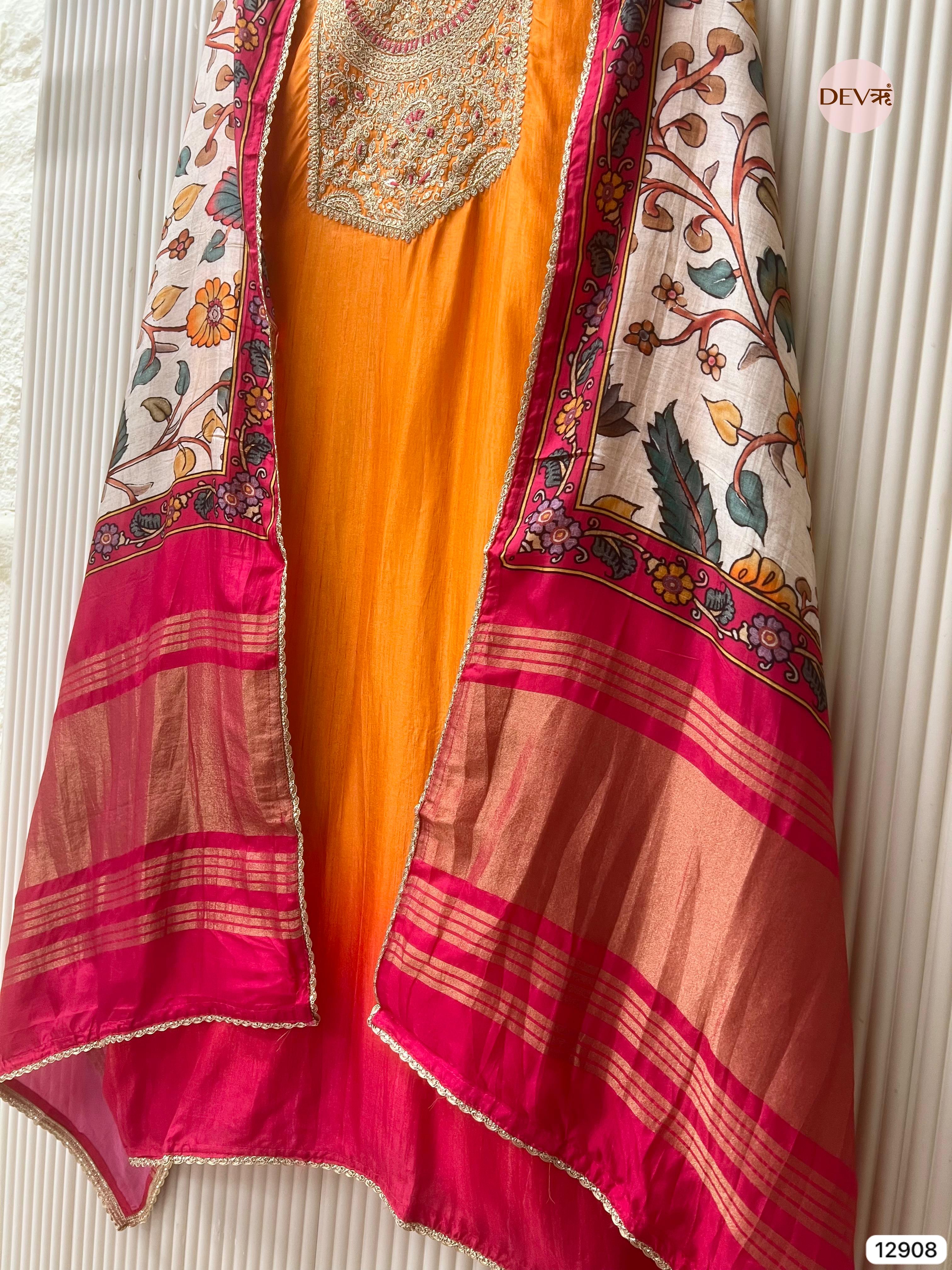 Orange Russian Silk Unstitched Embroidered -Set Of 3 - {11908}