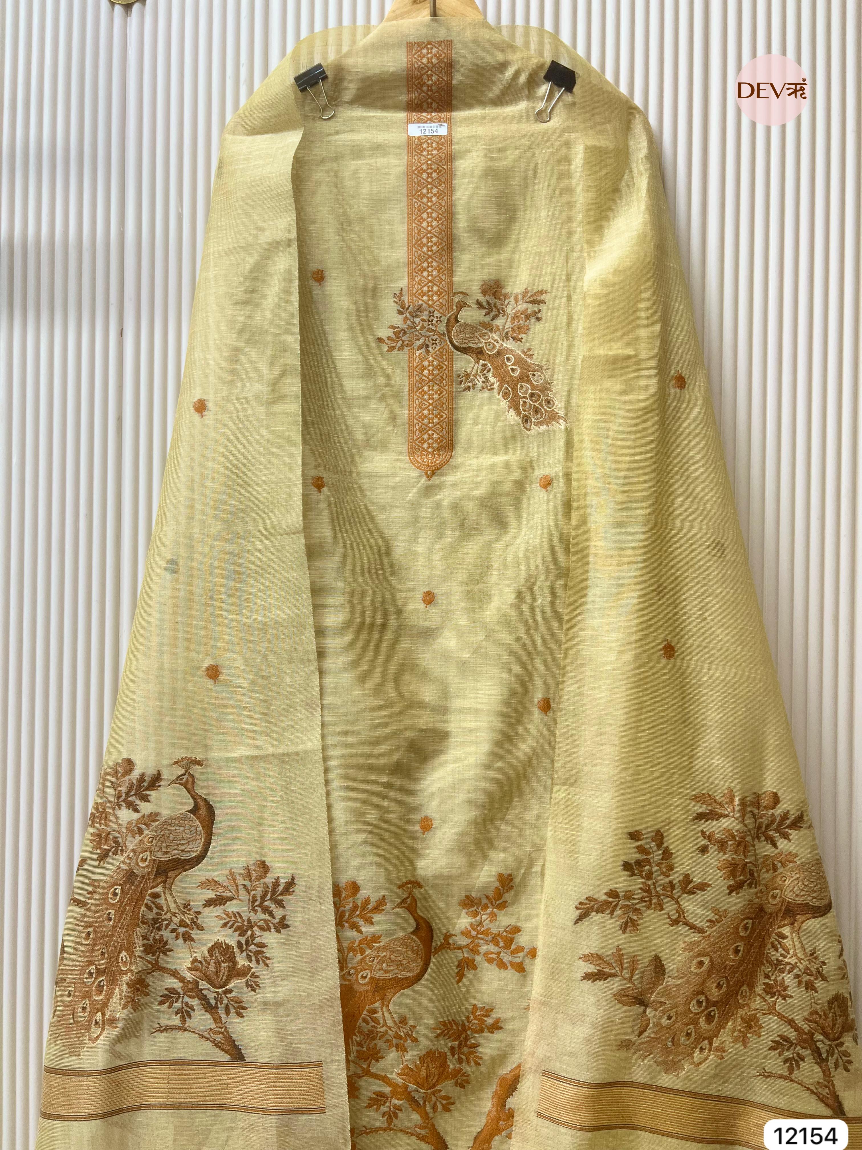 {12154} Yellow Jamdani Linen Unstitched - Set Of 3