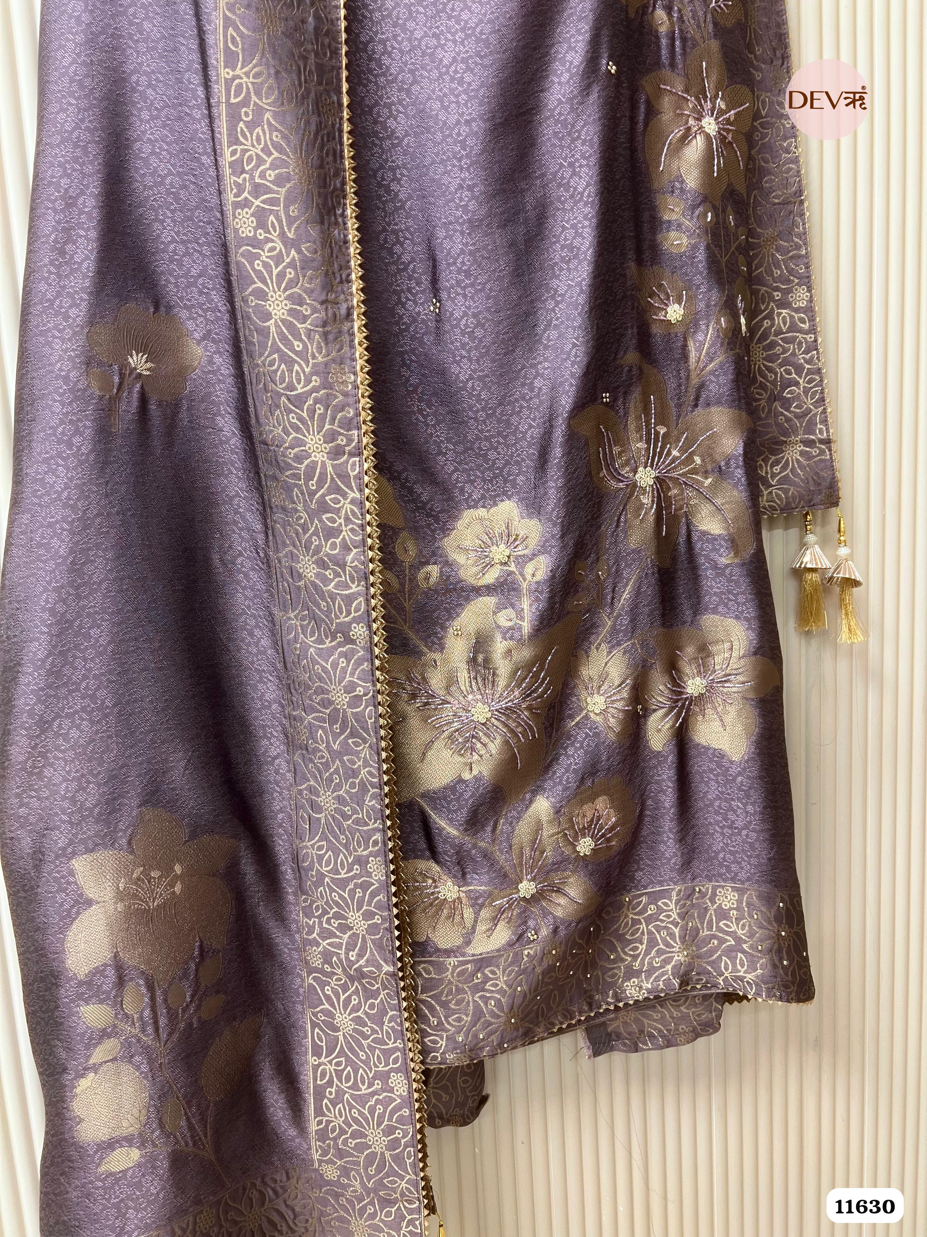 Purple Pure Dola Silk Banarasi Woven Unstitched Hand Embroidered -Set Of 3 {11630}