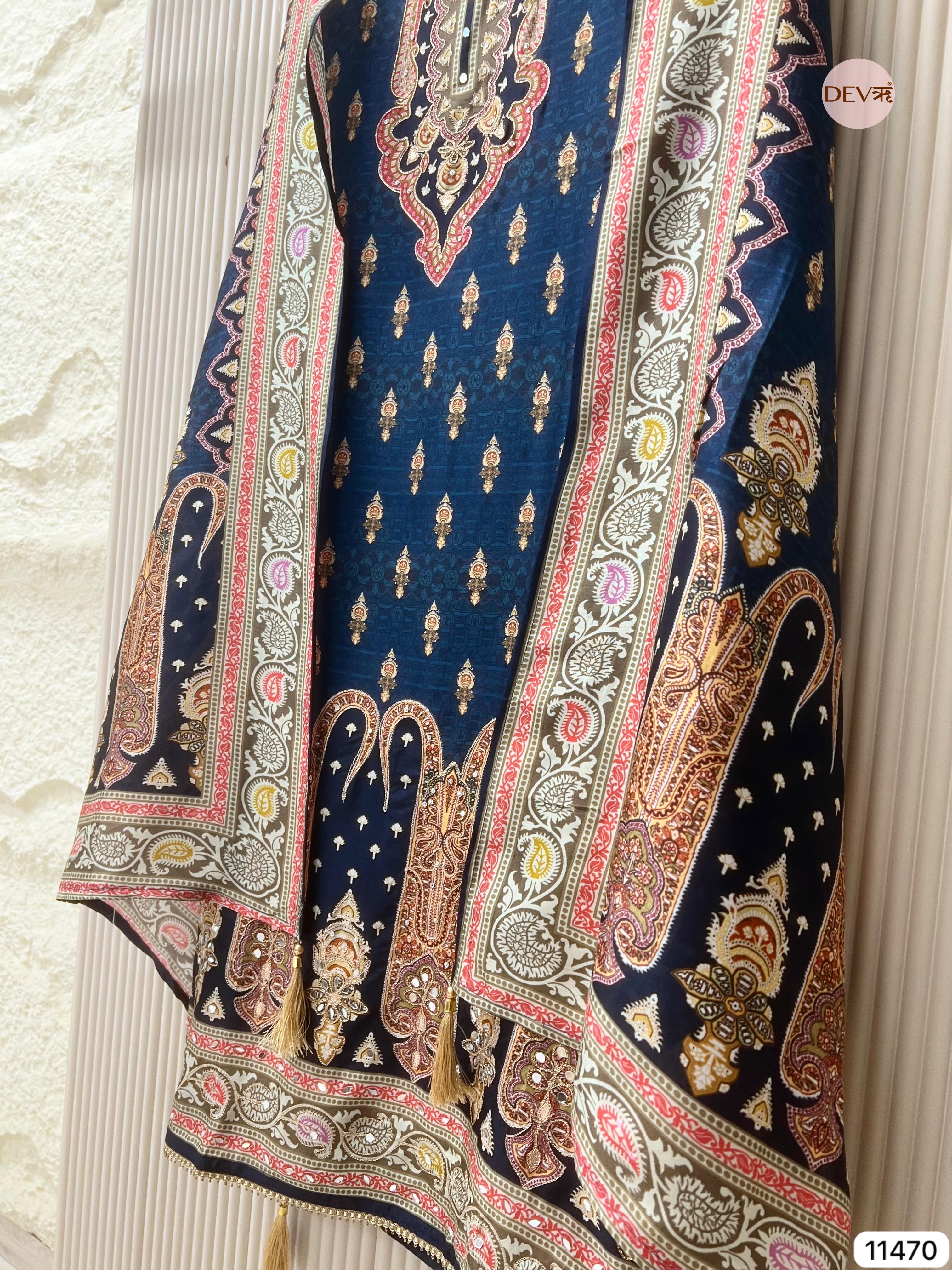Deep Navy Russian Silk Printed Unstitched 3-Piece Suit (Devri – D.No 11470)