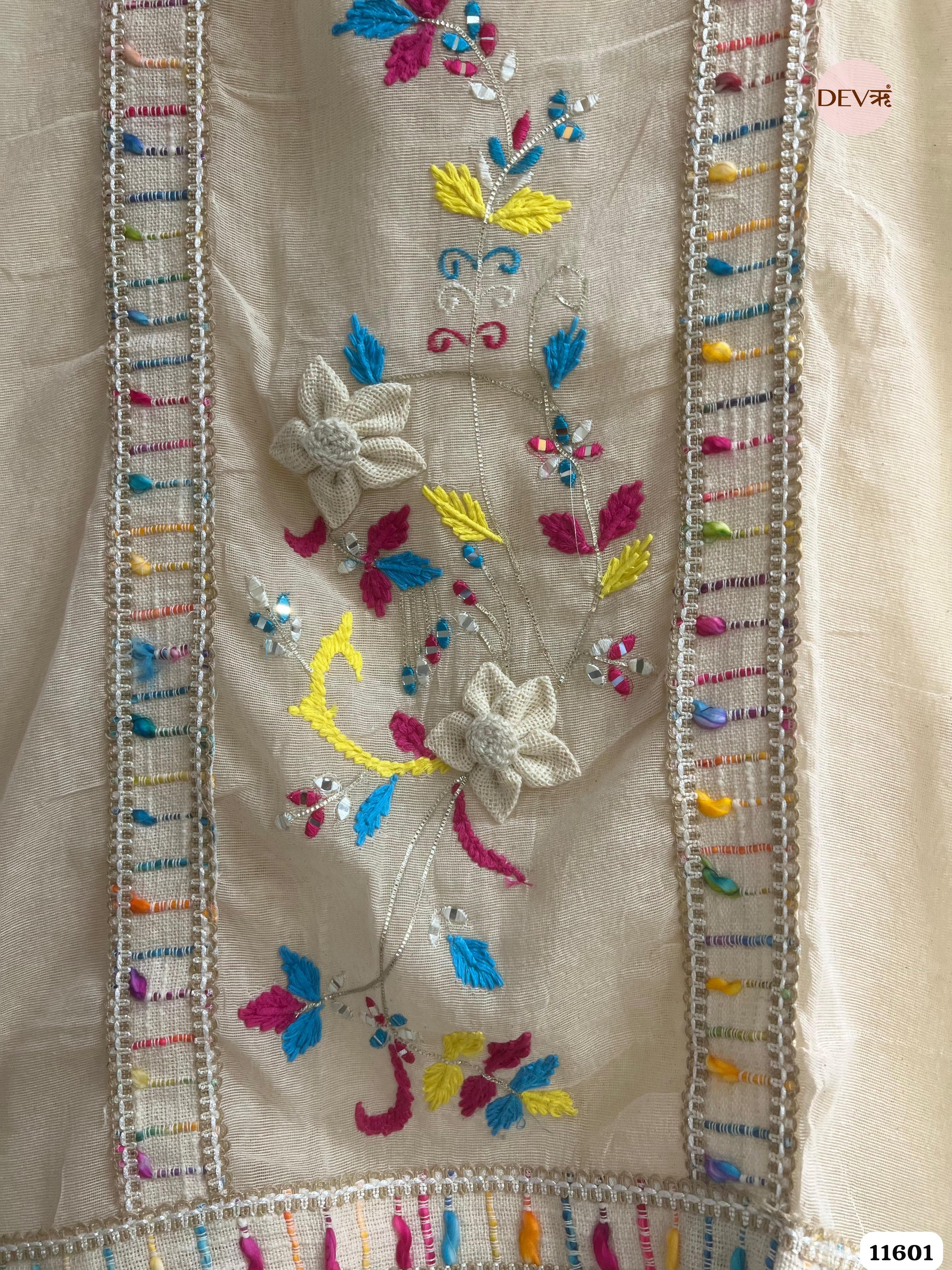 Beige Mul Chanderi silk Unstitched Hand Embroidered -Set Of 3 {11601}