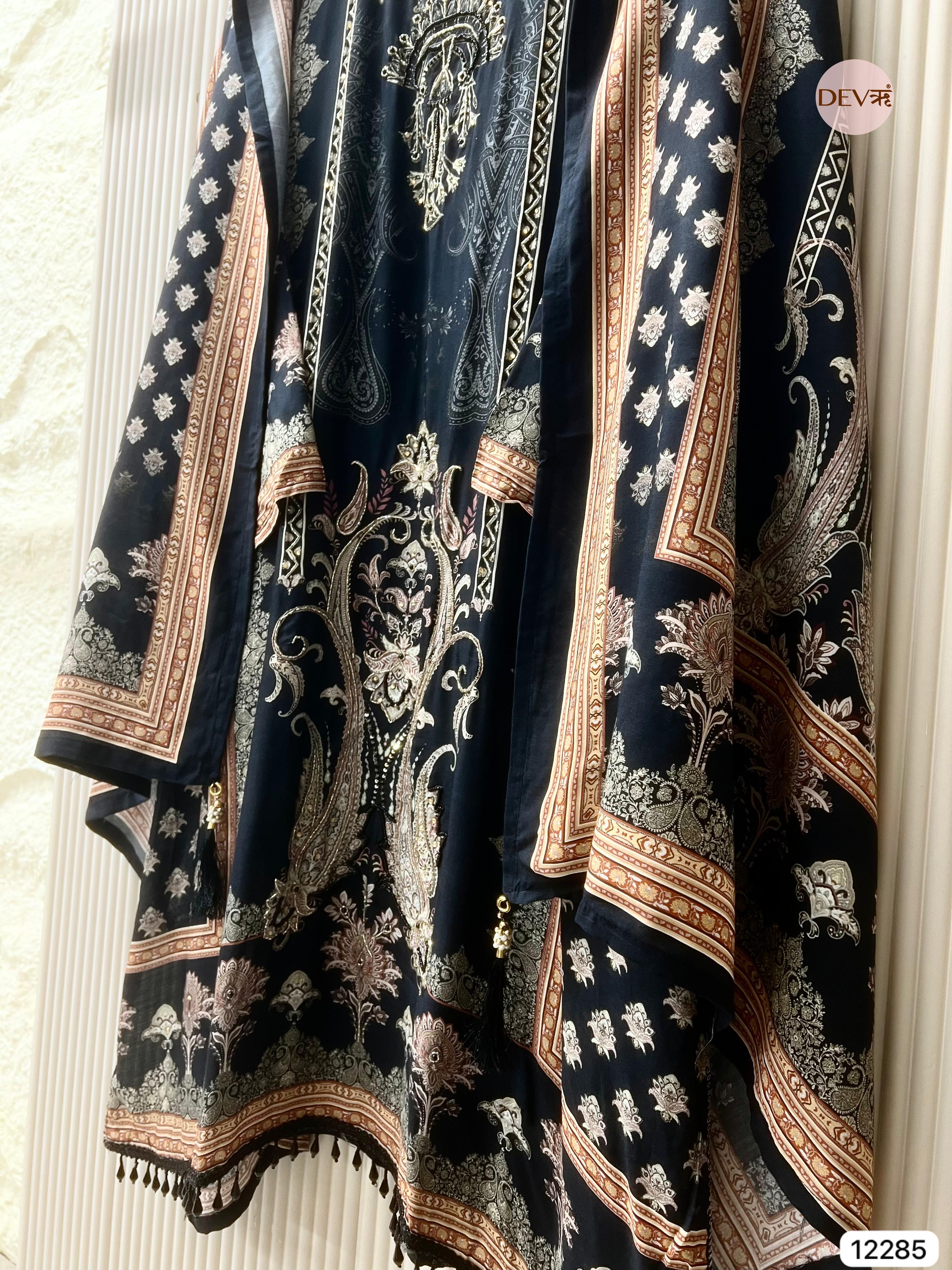 Navy Blue Muslin Printed Unstitched 3-Piece Suit (Devri – D.No 12285)