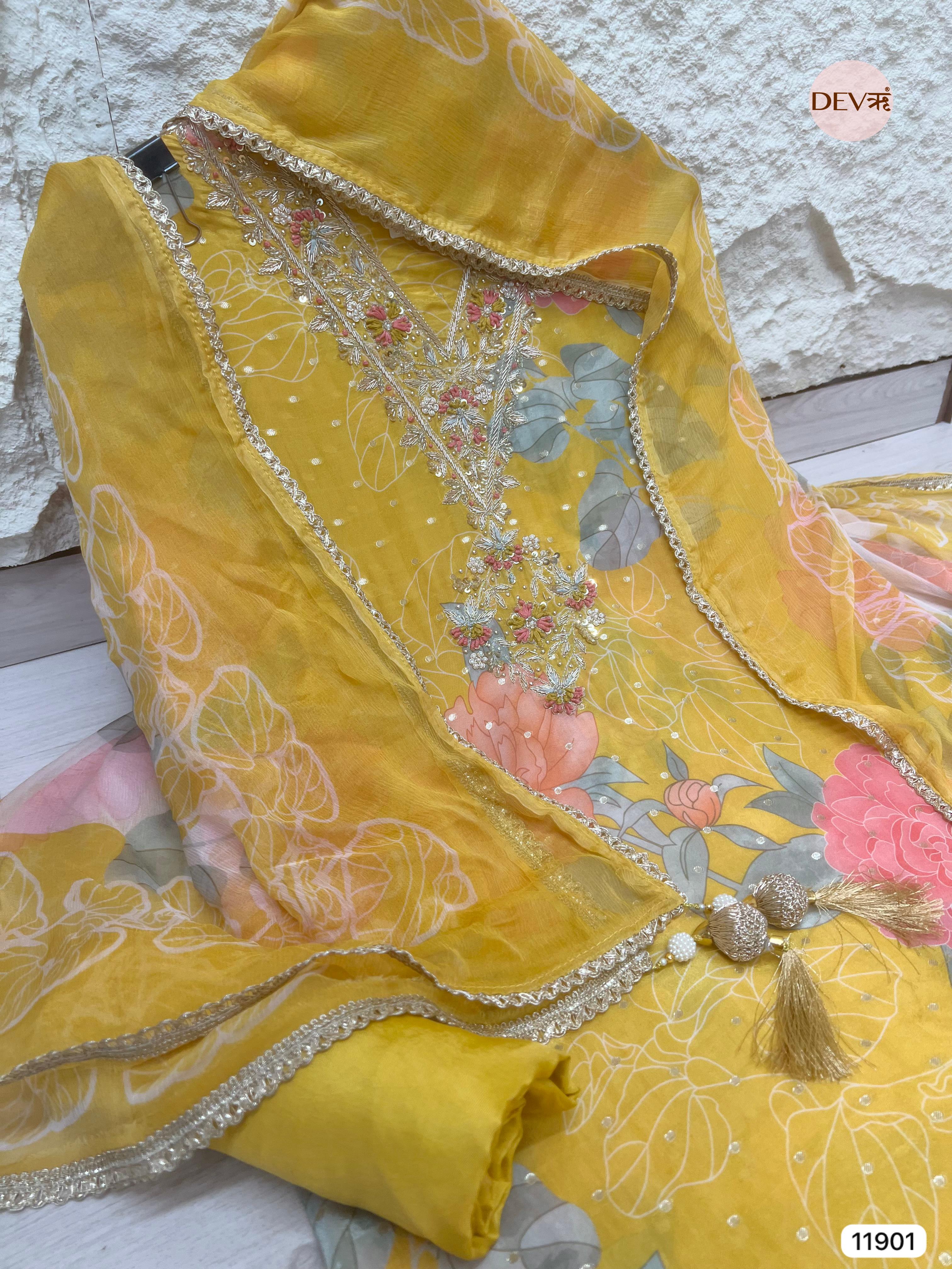 Yellow Pure Shimmer Tissue Silk Unstitched Printed Hand Embroidered -Set Of 3- {11901}