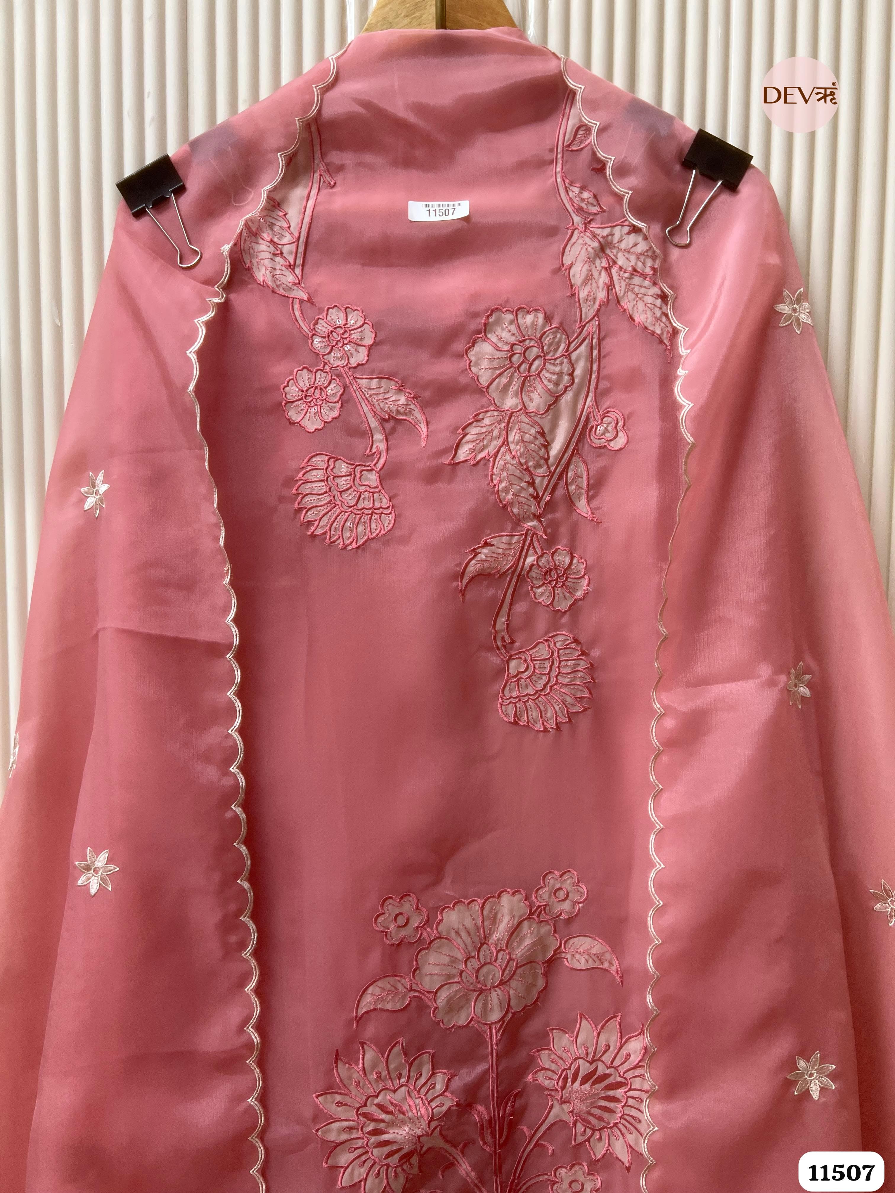 Pink organza Silk Unstitched Embroidered -Set Of 3 {11507}