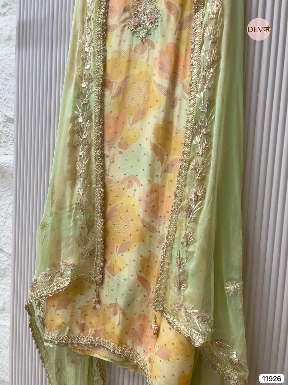 Light Green Glass Tissue Silk Unstitched Printed Hand Embroidered -Set Of 3 - {11926}