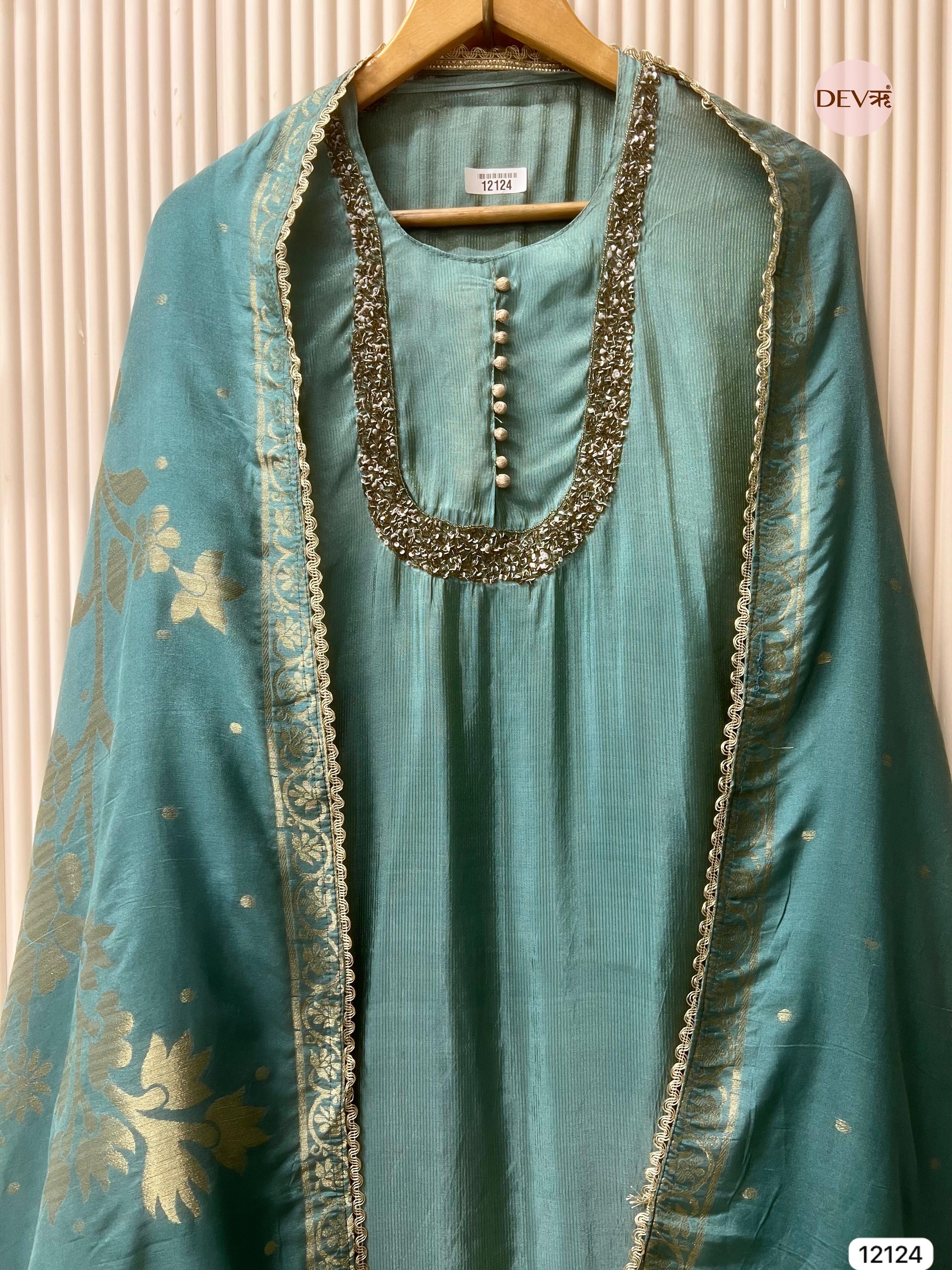 Blue-Green Shimmer Silk Unstitched Hand Embroidered -Set Of 3 - {12124}