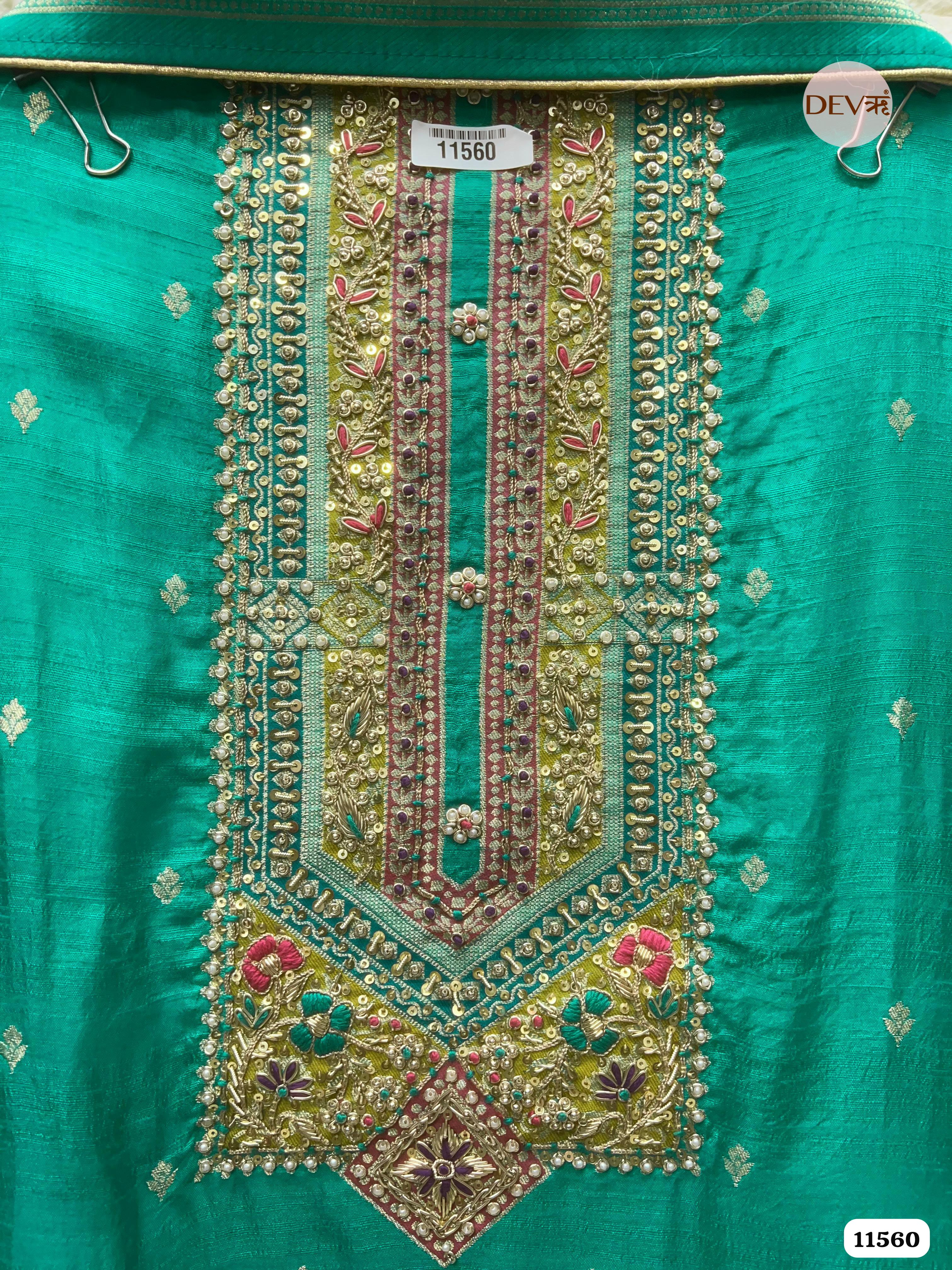 Green Silk Banarasi Weave Unstitched Hand Embroidered -Set Of 3 {11560}