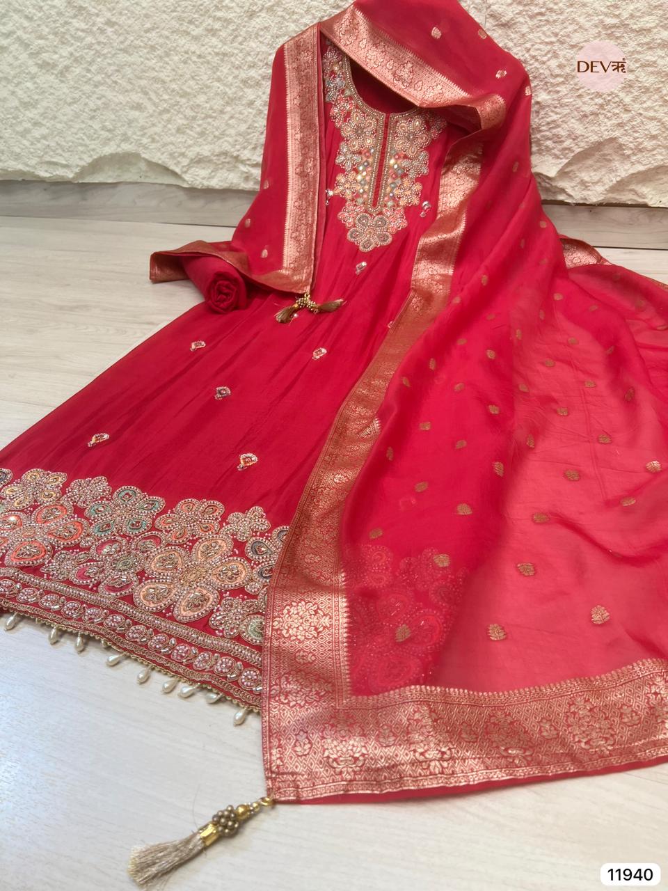 Red Pure Russian Silk Unstitched Hand Embroidered -Set Of 3 - {11940}