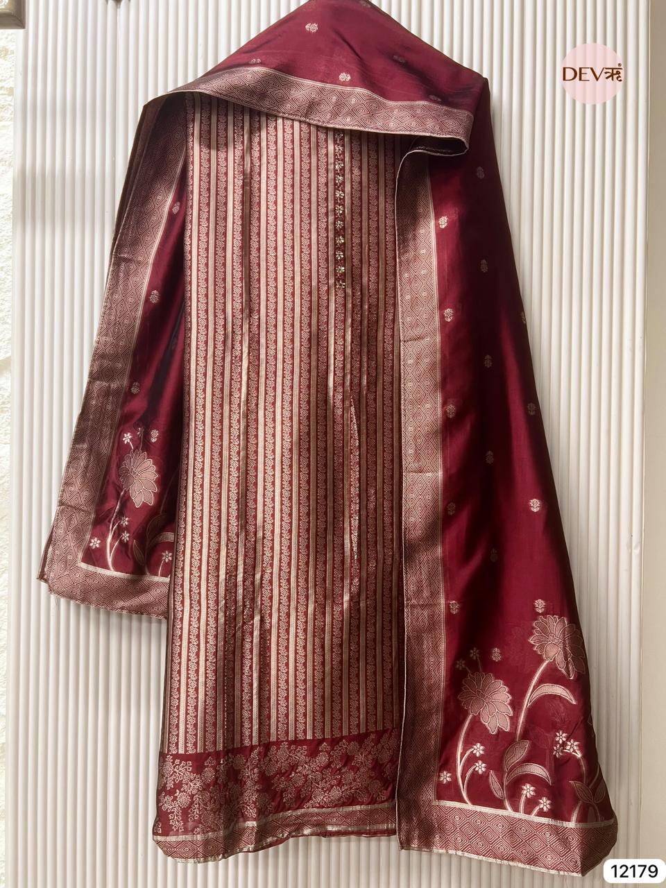 Maroon Pure Banarasi silk Unstitched Hand Embroidered -Set Of 3 - {12179}