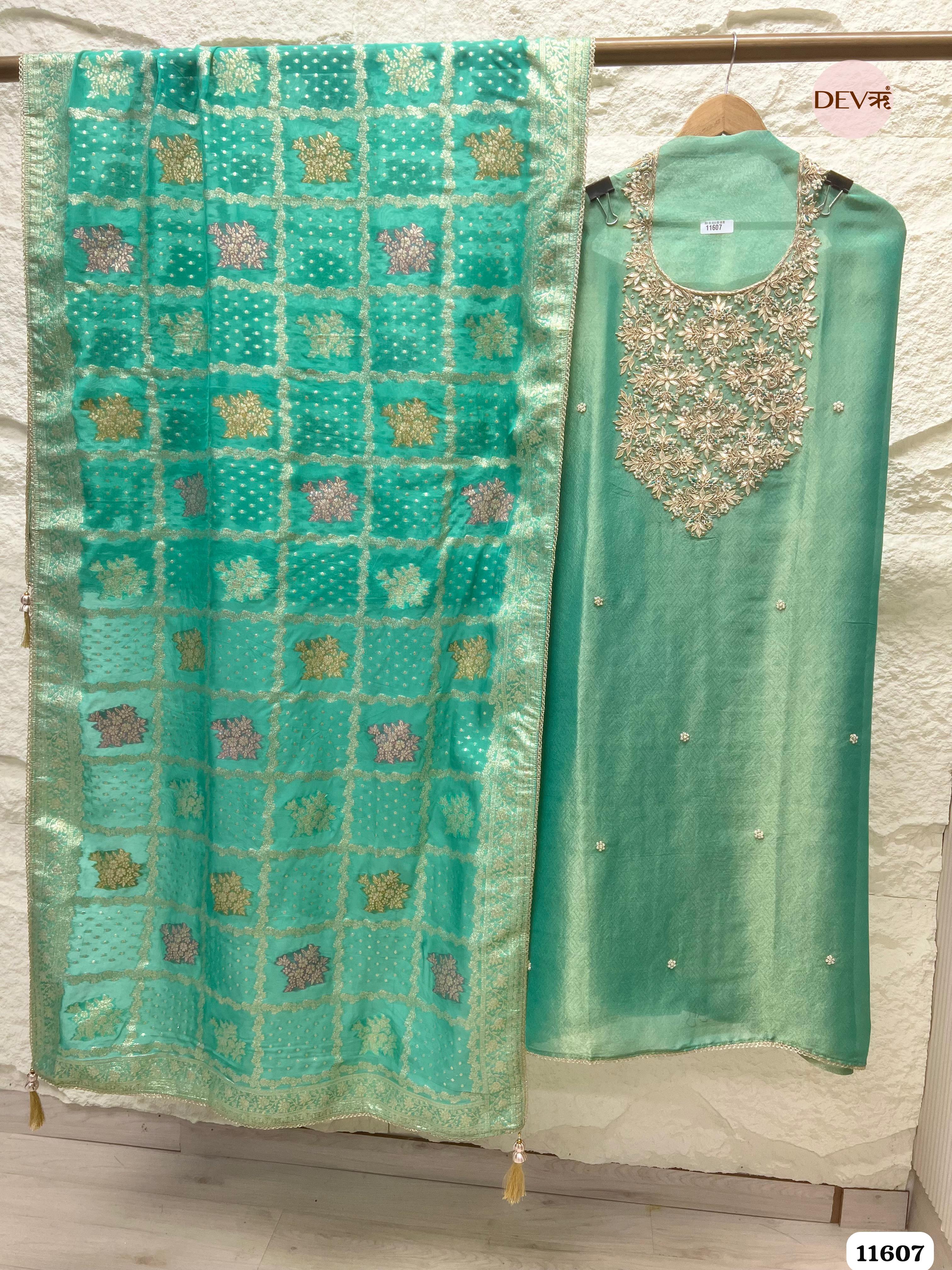Green Pure Tissue Banarasi Silk Unstitched Hand Embroidered -Set Of 3 {11607}