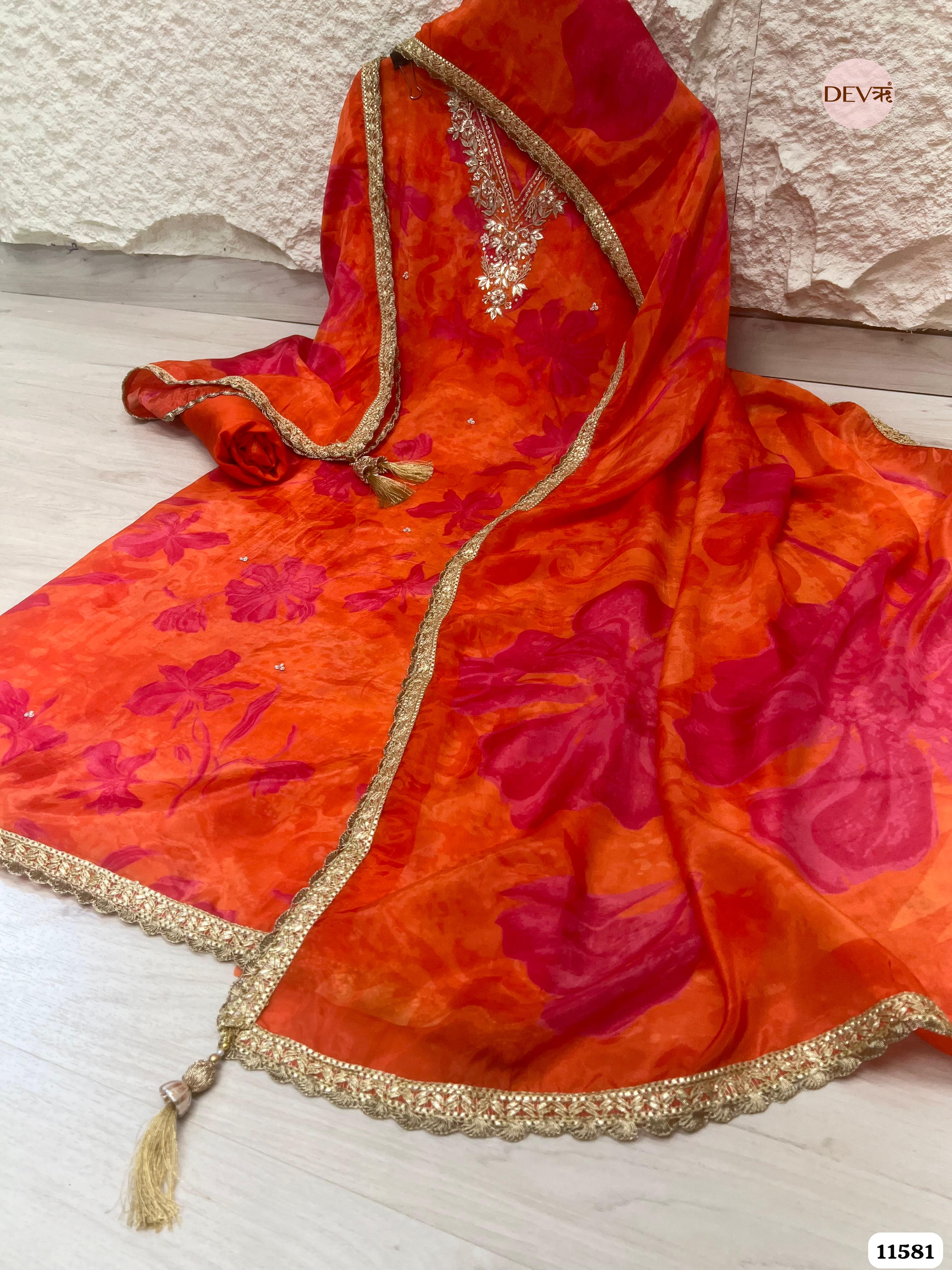 Orange Pure Organza Silk Printed Unstitched Hand Embroidered -Set Of 3 {11581}