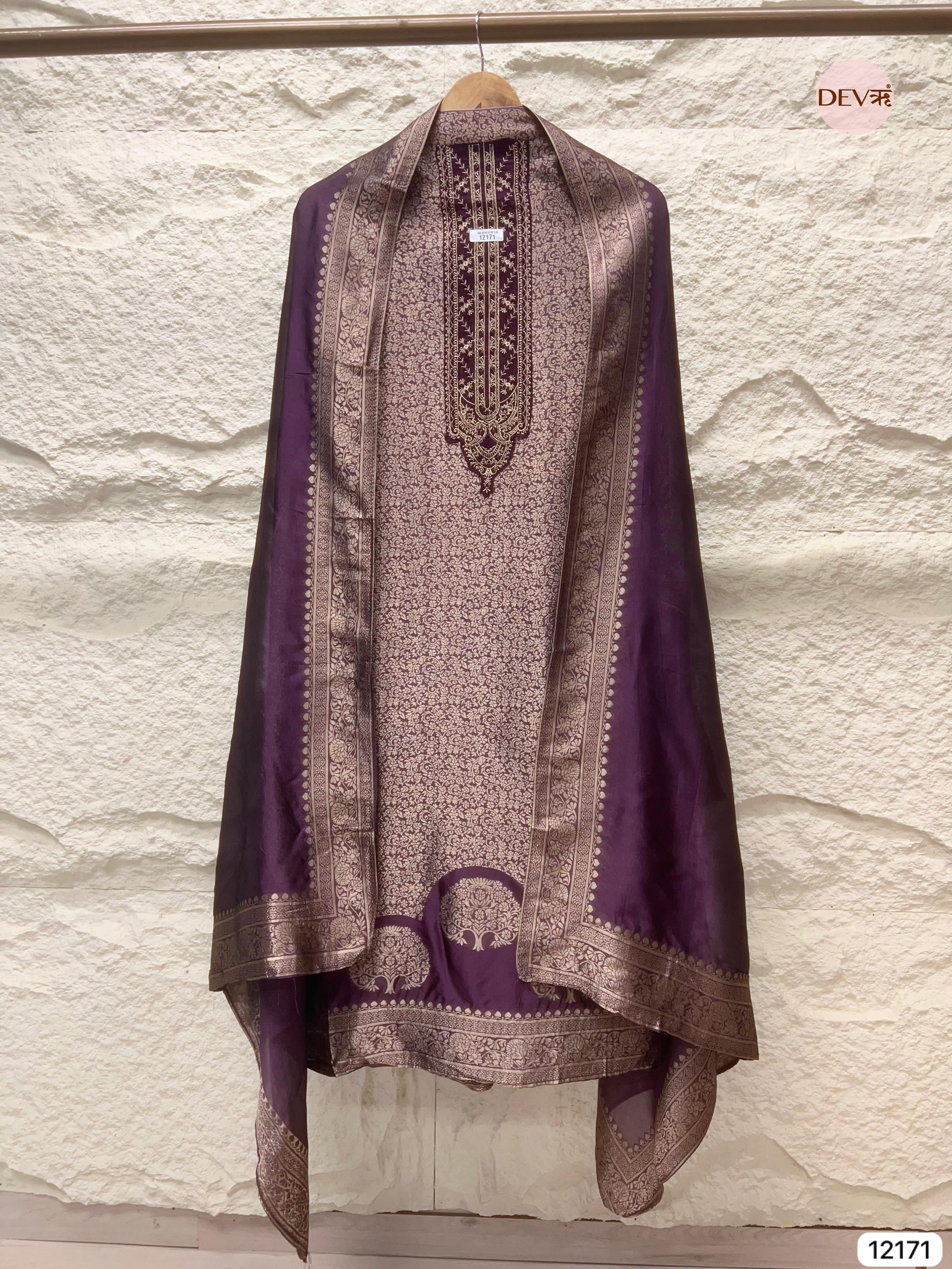 Purple Pure Banarasi silk Unstitched Hand Embroidered -Set Of 3 - {12171}