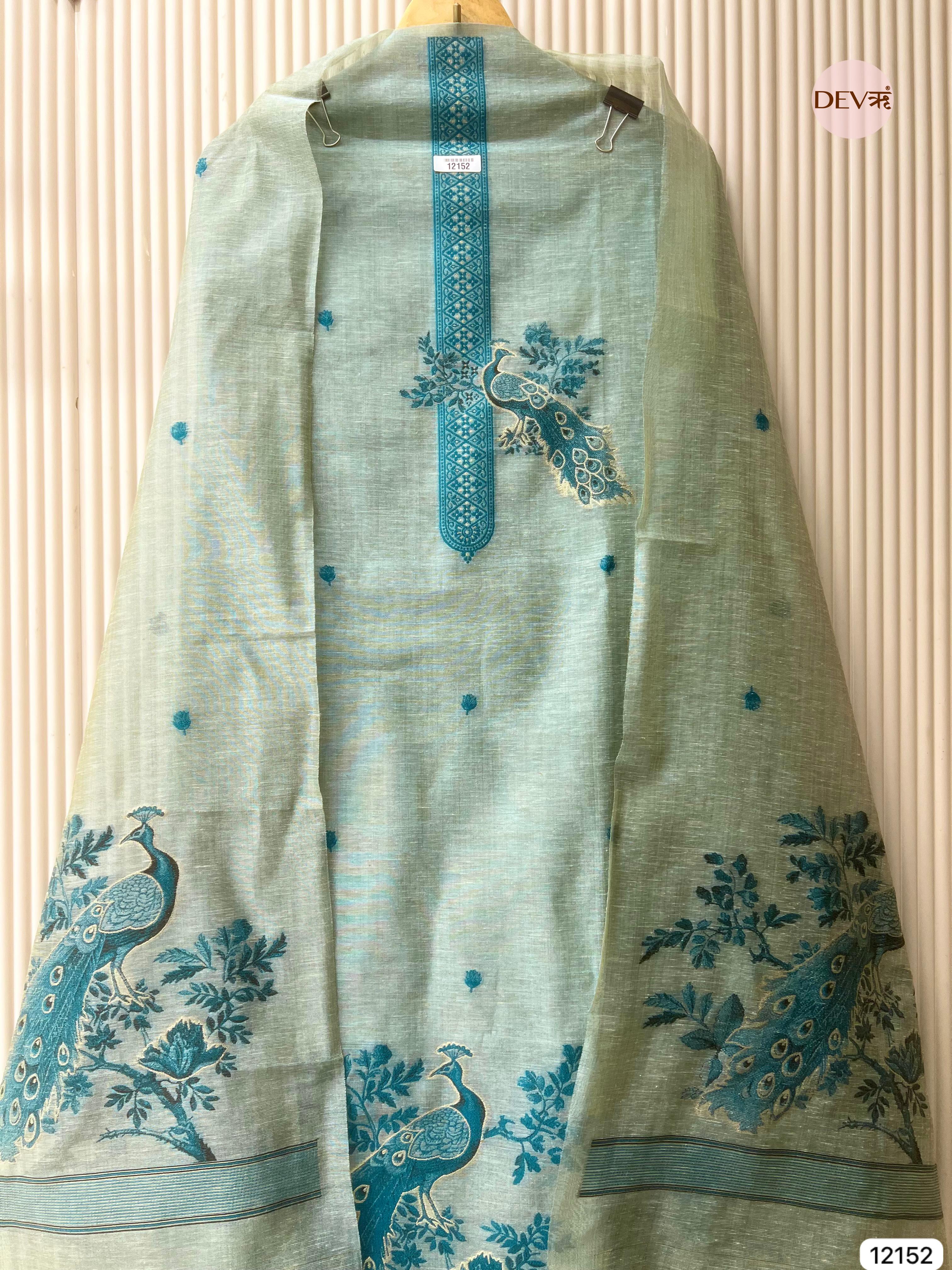 Light Green Pure Jamdani Linen Unstitched-Set Of 3- {12152}