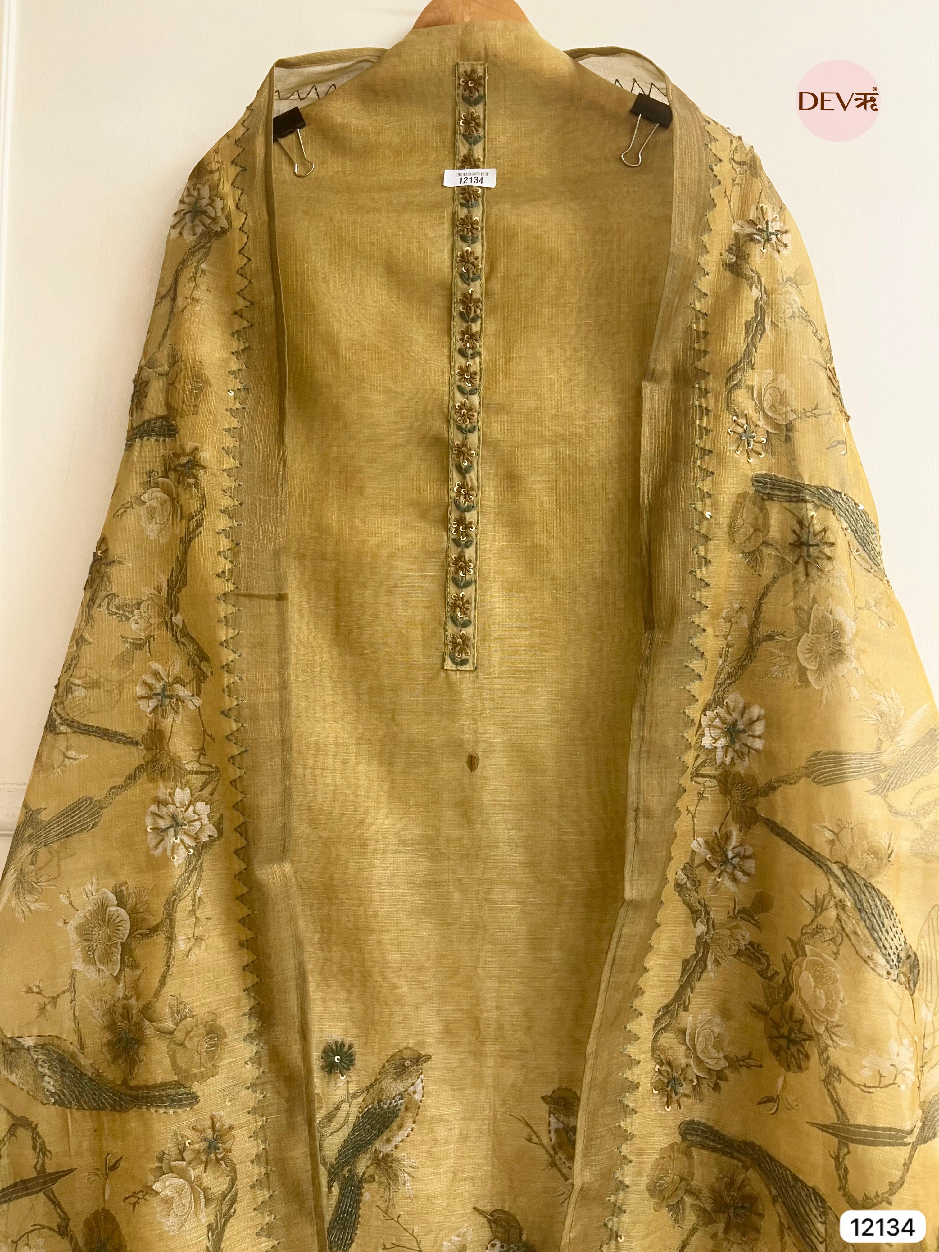 Yellow Pure Soft jamdani linen Woven Unstitched -Set Of 3 - {12134}