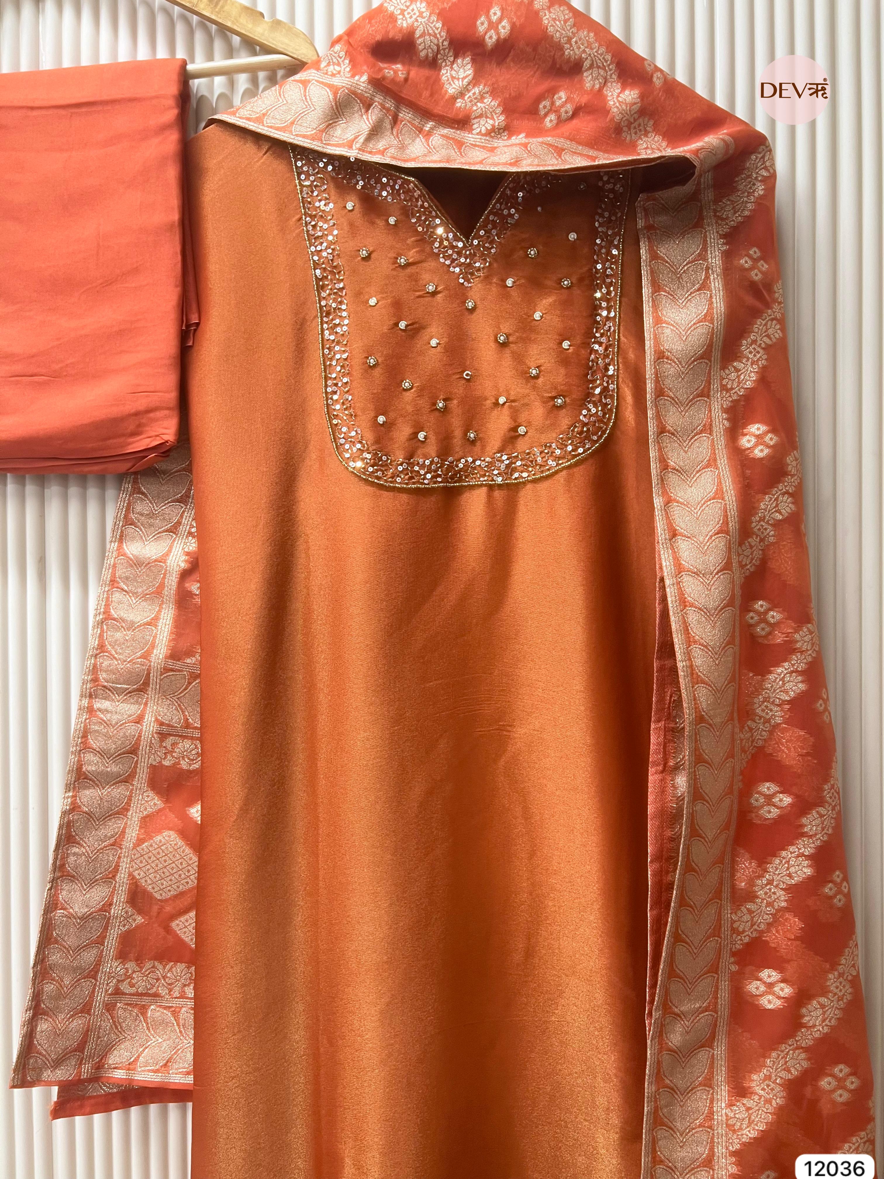 Rust Tissue Shimmer Silk Unstitched Embroidered -Set Of 3 - {12036}