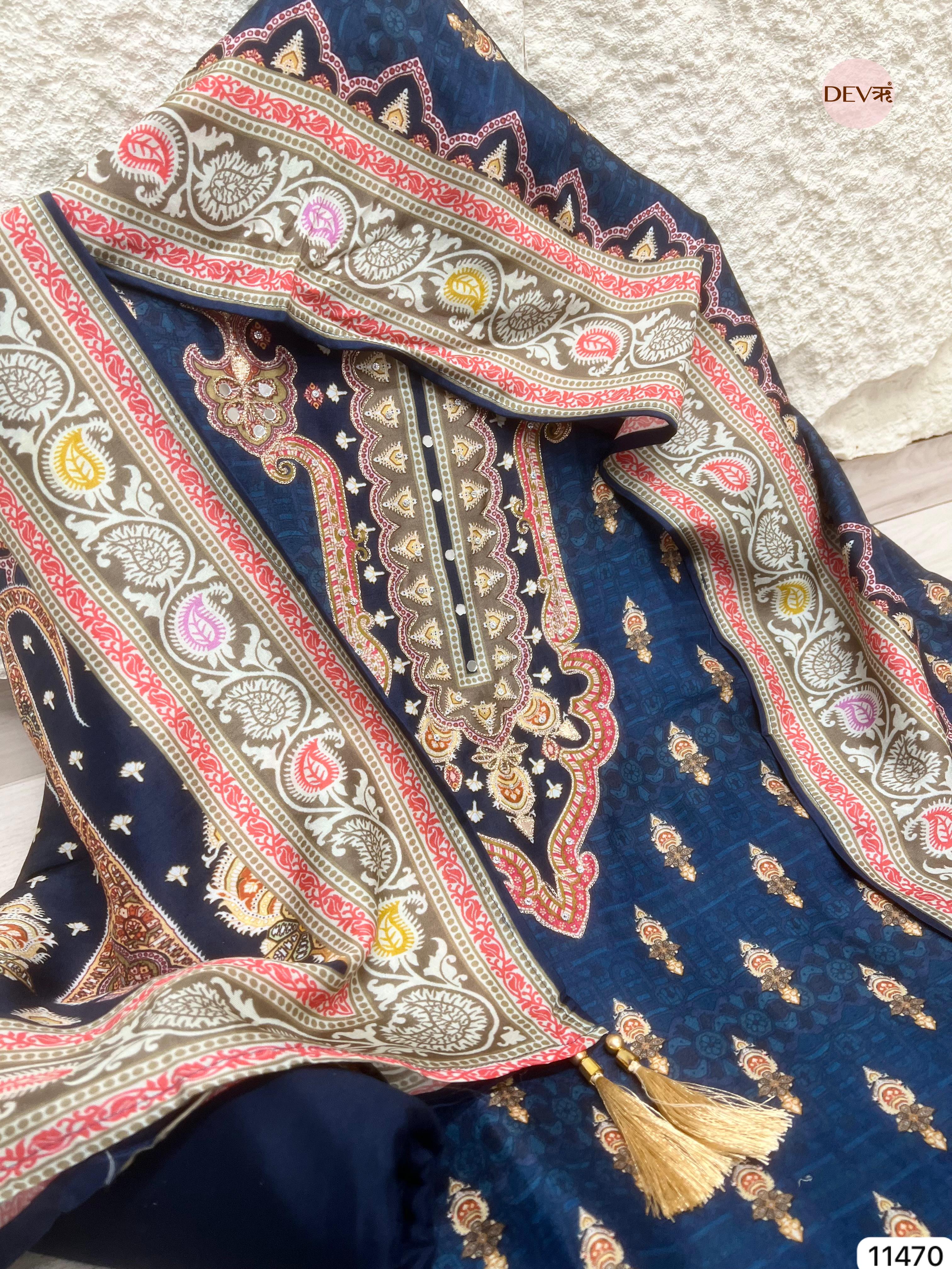Deep Navy Russian Silk Printed Unstitched 3-Piece Suit (Devri – D.No 11470)