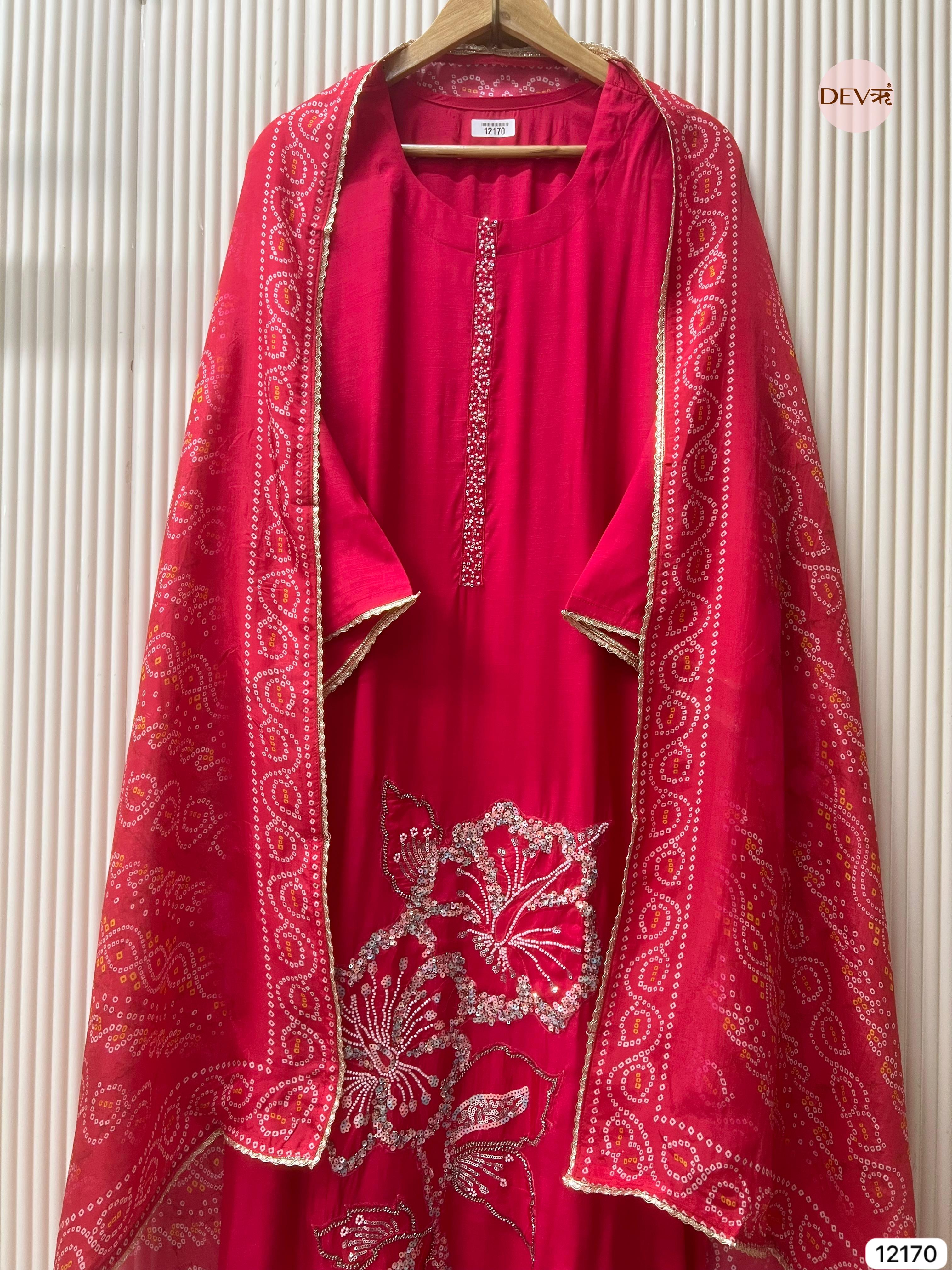 Red Pure Russian Silk Semi stitched Hand Embroidered -Set Of 3 - {12170}