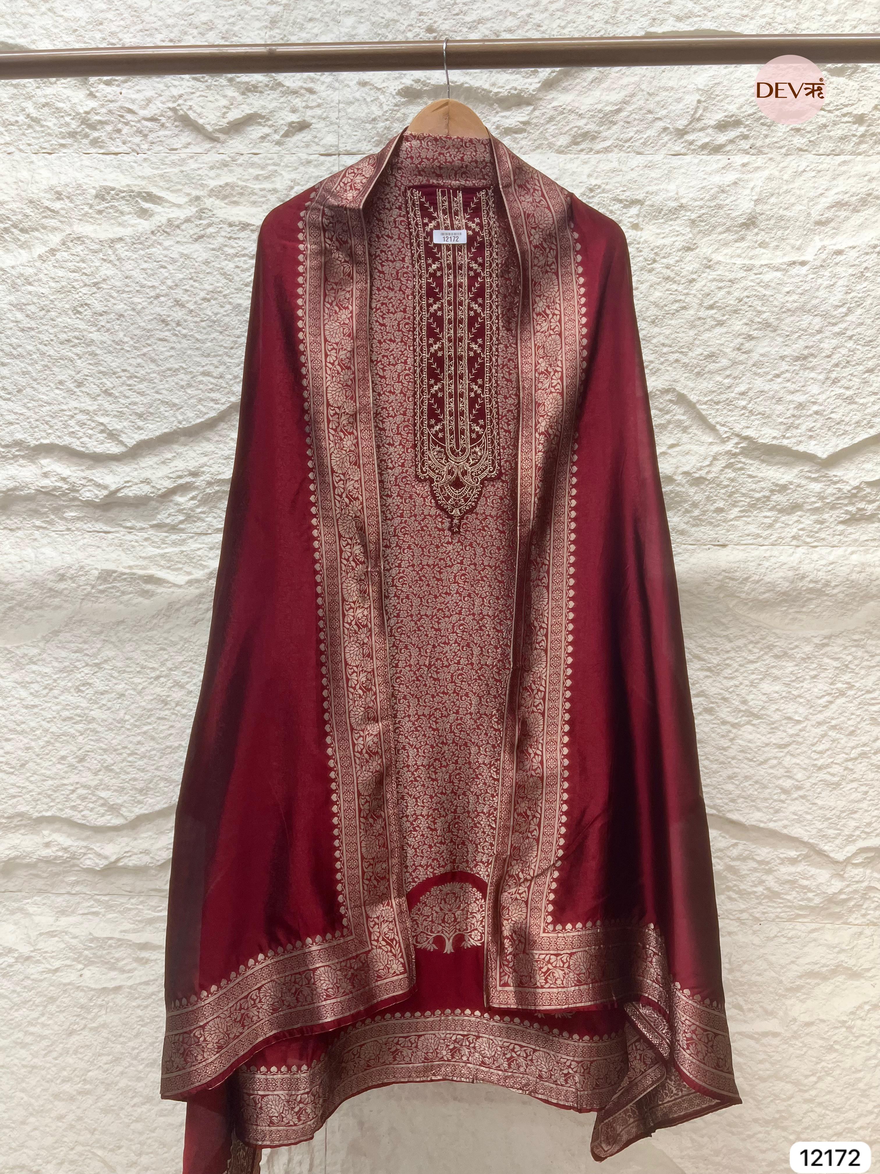 Maroon Pure Banarasi Silk Unstitched Hand Embroidered -Set Of 3 - {12172}