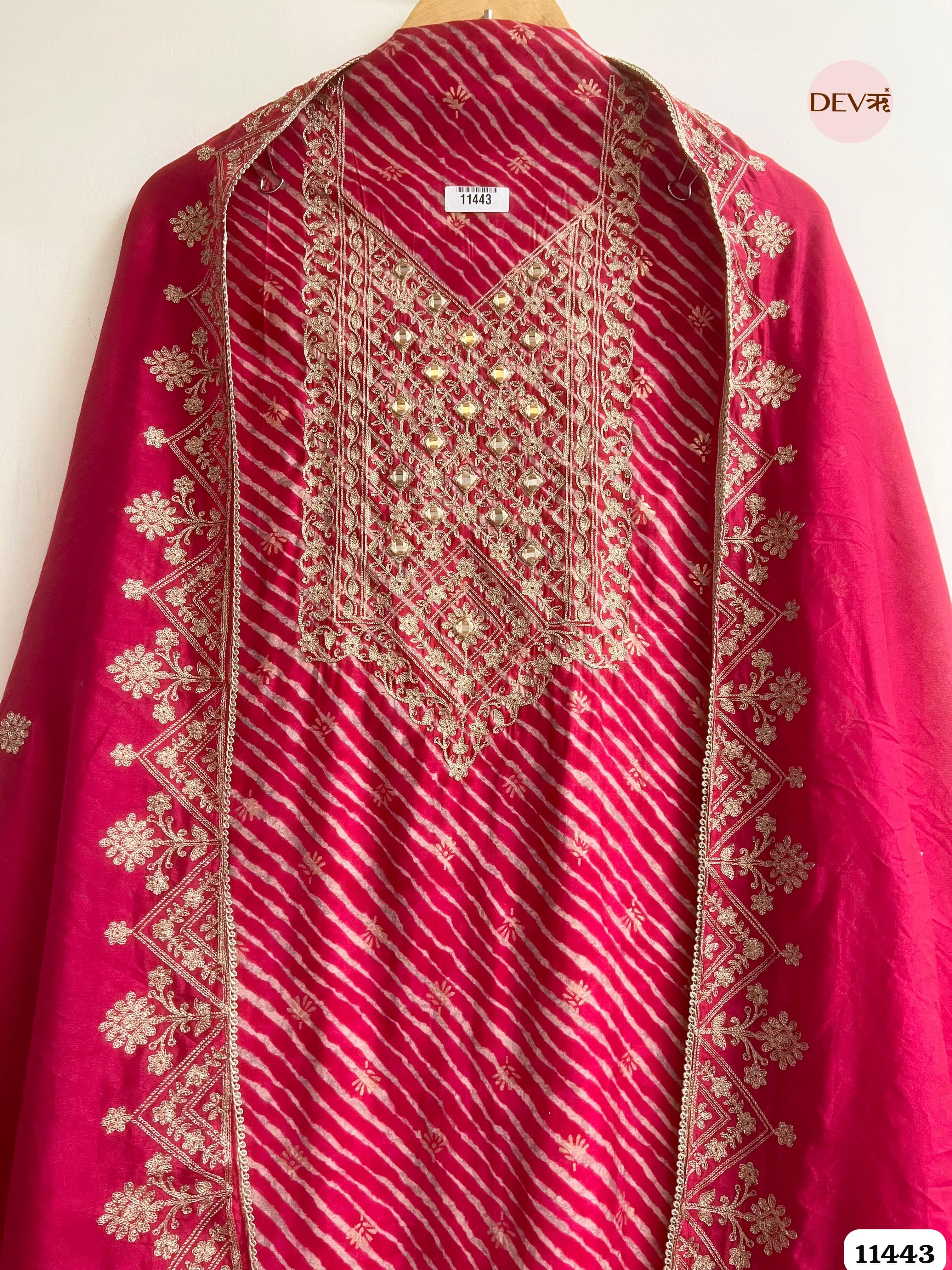 Rani Pink Modal Silk Unstitched Printed Embroidered -Set Of 3 {11443}