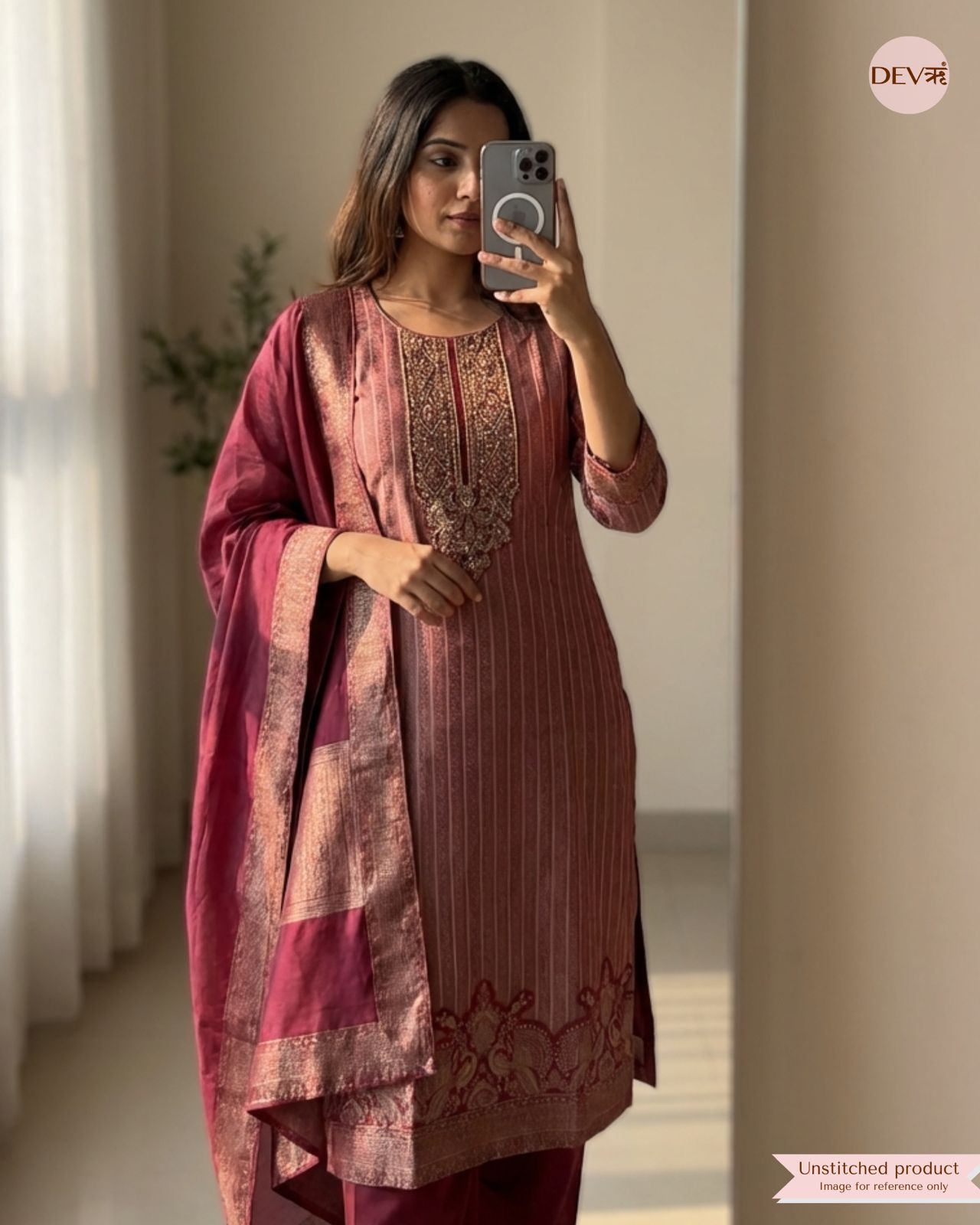 Wine Maroon Pure Banarasi Silk Woven Unstitched 3-Piece Suit (Devri – D.No 12341)