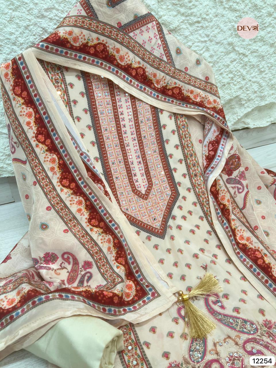 Beige Glass Organza Printed Unstitched 3-Piece Suit (Devri – D.No 12254)