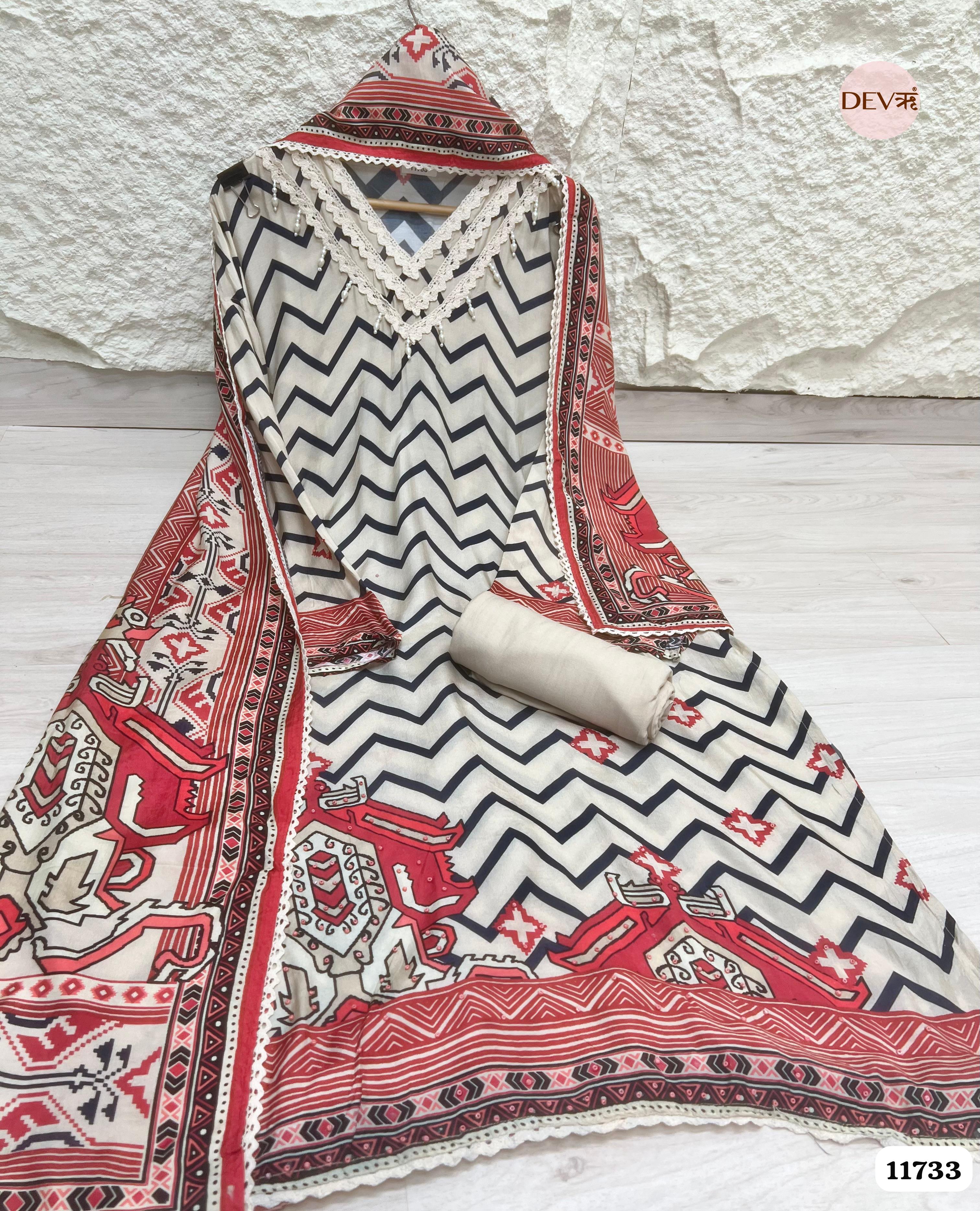 Multi Colour Muslin Semi Stitched Printed With Crocia Laces Work -Set Of 3 {11733}