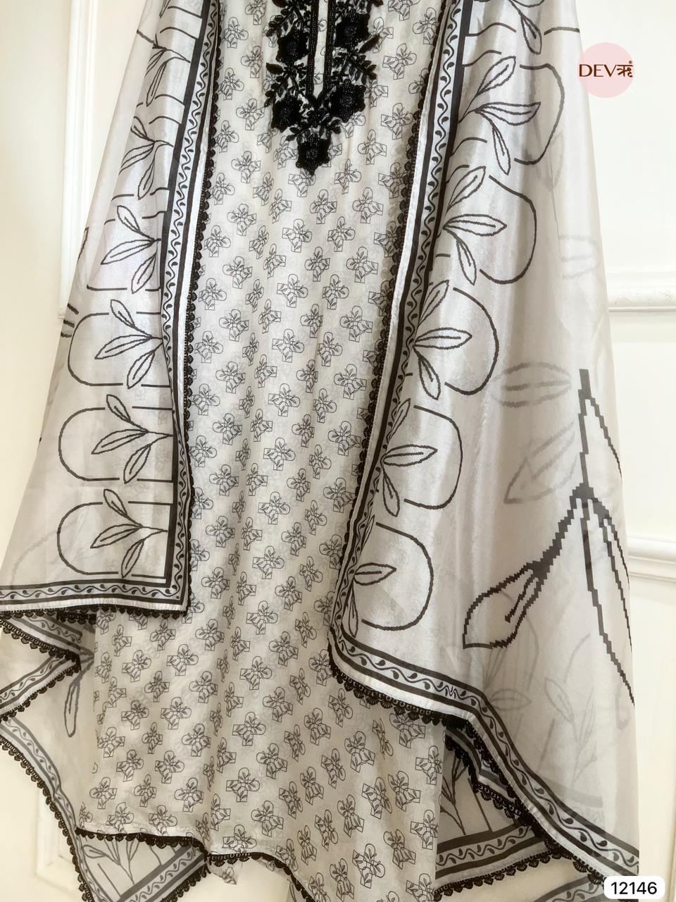 Beige Pure Organza Unstitched Printed Hand Embroidered -Set Of 3 - {12146}