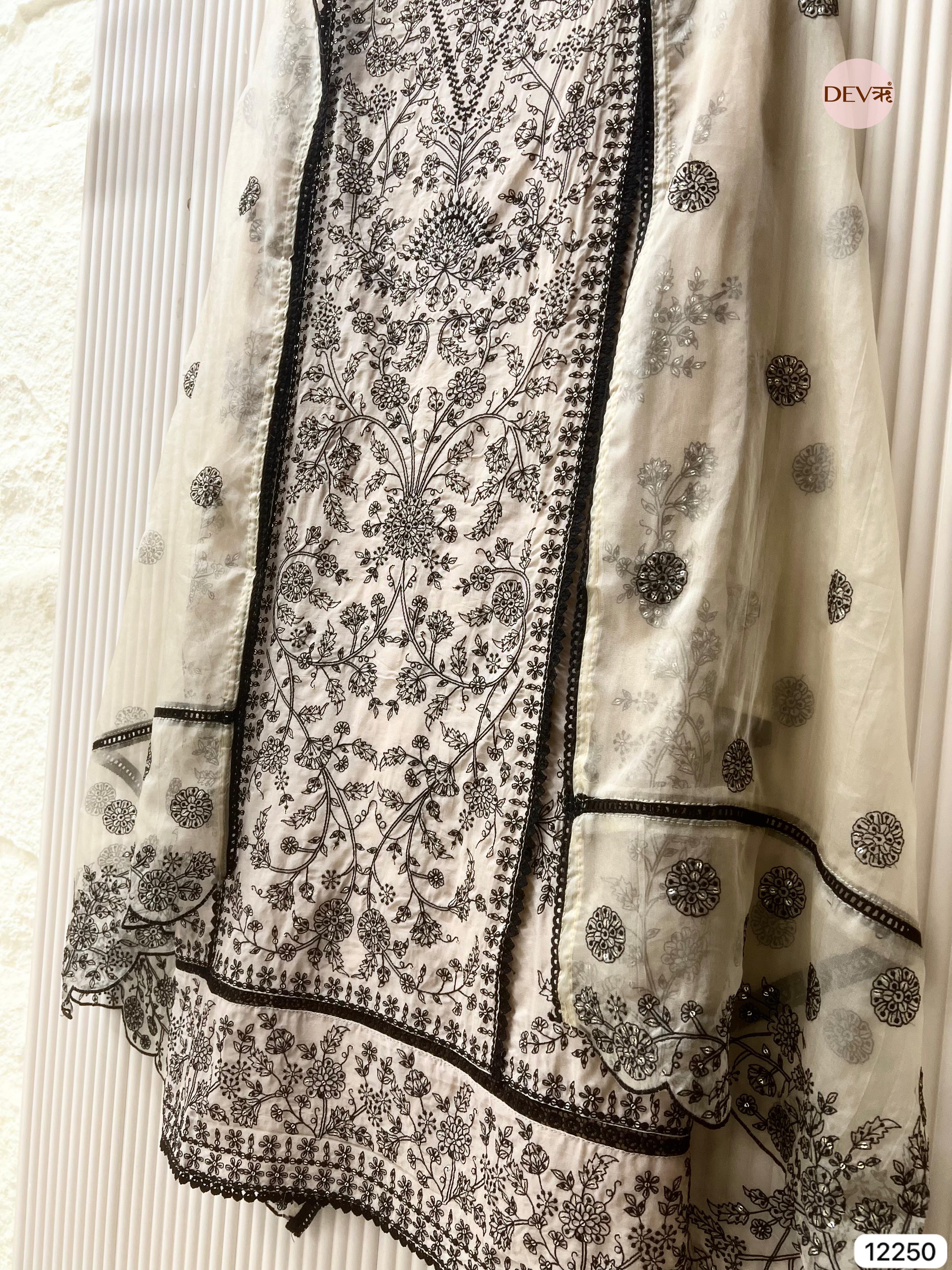 Ivory Pure Organza Embroidered Unstitched 3-Piece Suit (Devri – D.No 12250)