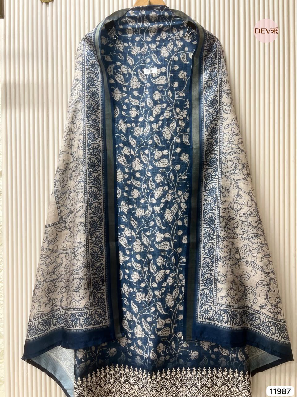 Blue Pure Tusser Silk Printed Unstitched 3-Piece Suit (Devri – D.No 11987)