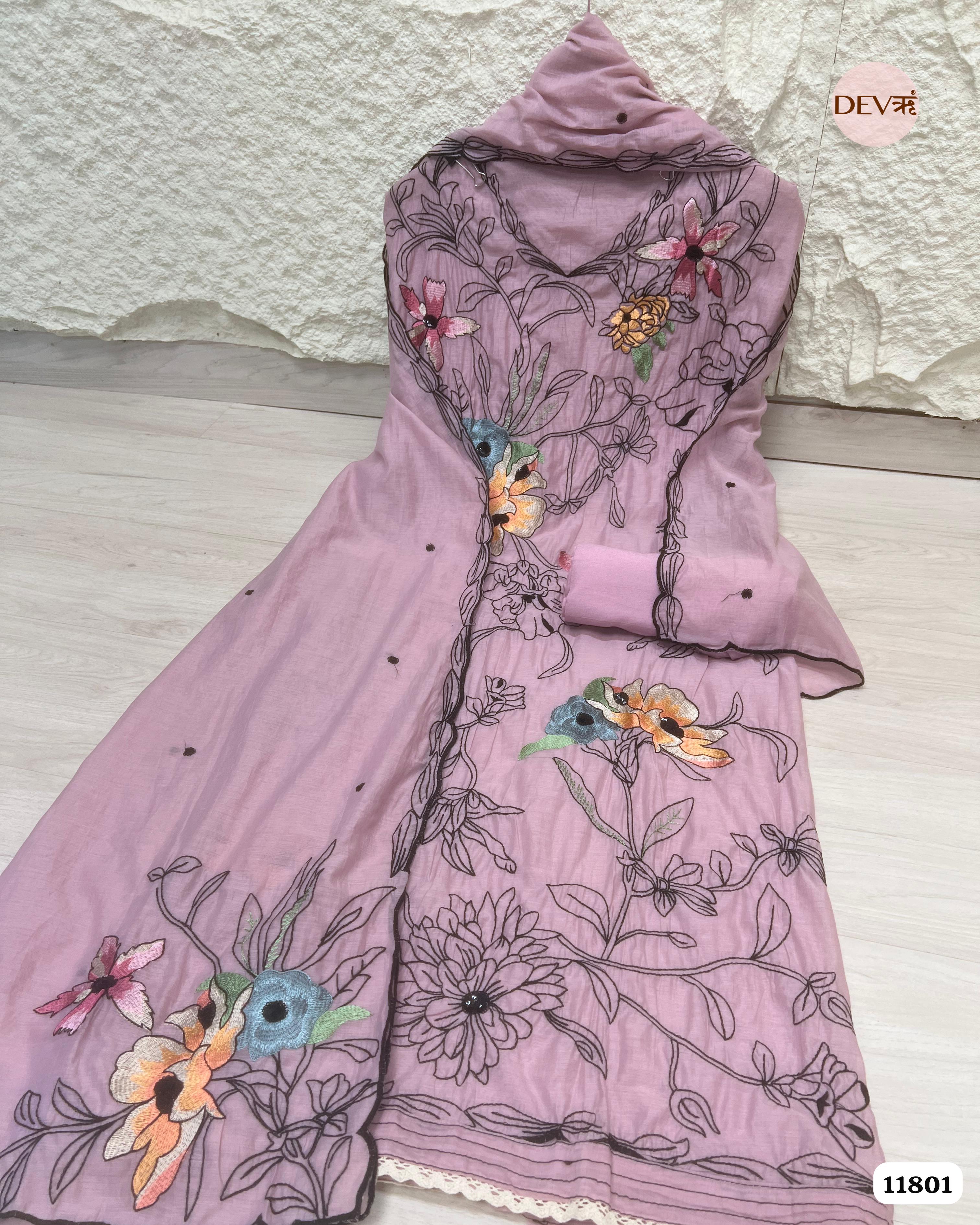Purple Mul Chanderi Unstitched Embroidered -Set Of 3 {11801}