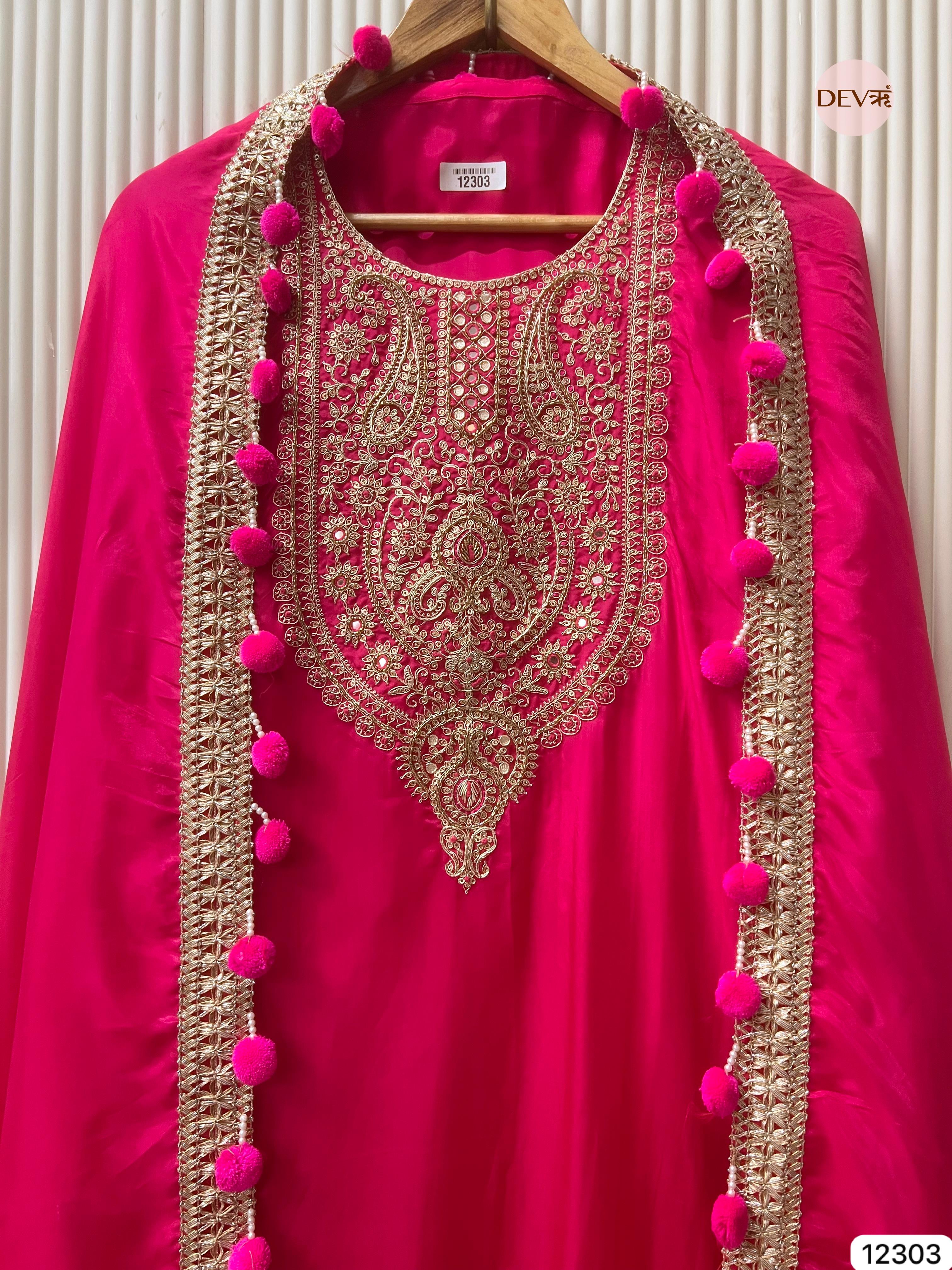 Rani Pink Glass Organza Embroidered Unstitched 3-Piece Suit (Devri – D.No 12303)