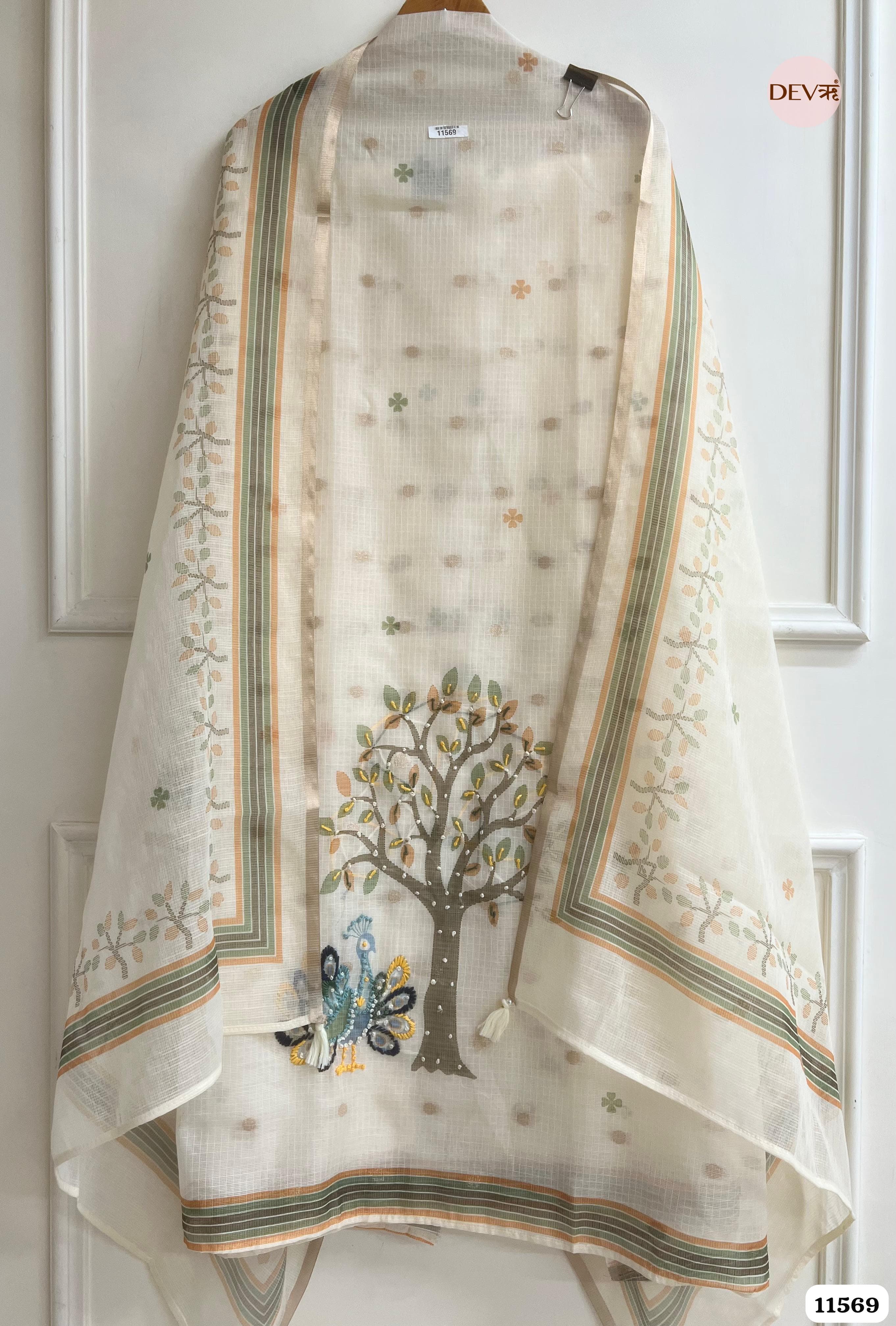 Off White Kota Silk Unstitched Printed Hand Embroidered -Set Of 3 {11569}
