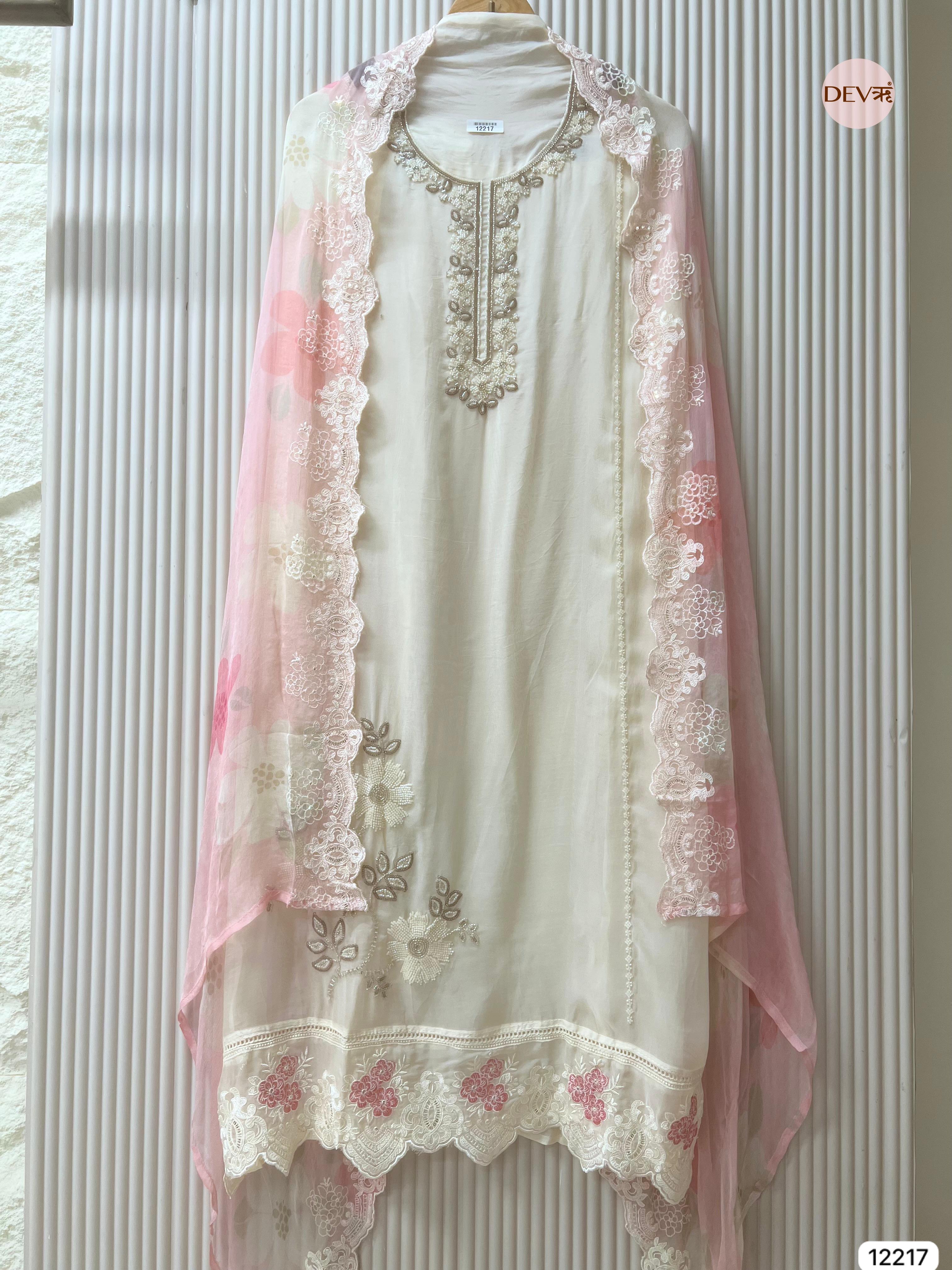 Ivory Pure Organza Embroidered Unstitched 3-Piece Suit (Devri – D.No 12217)